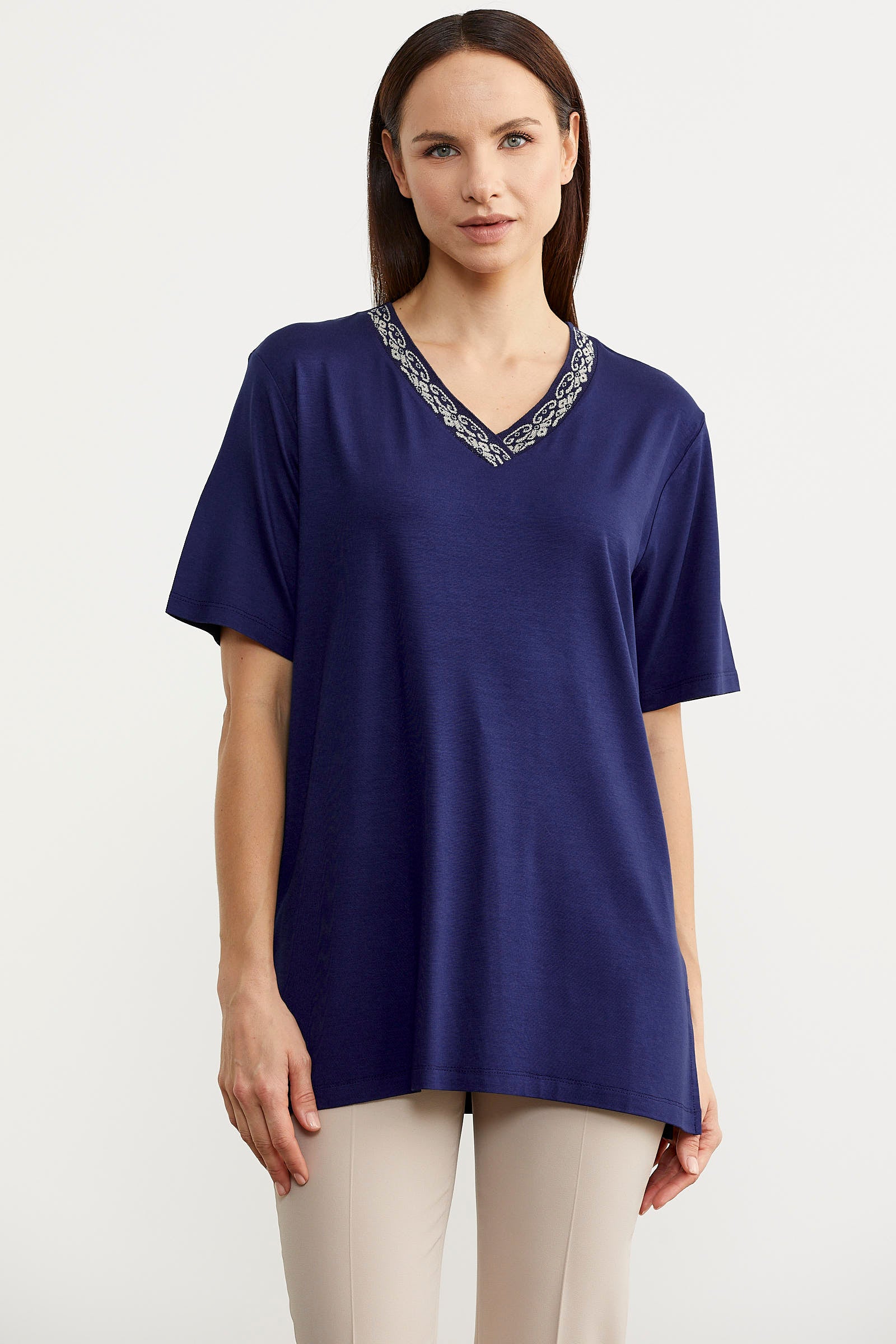 Yaka Detaylı Dökümlü Tişört - Indigo (2) Sementa