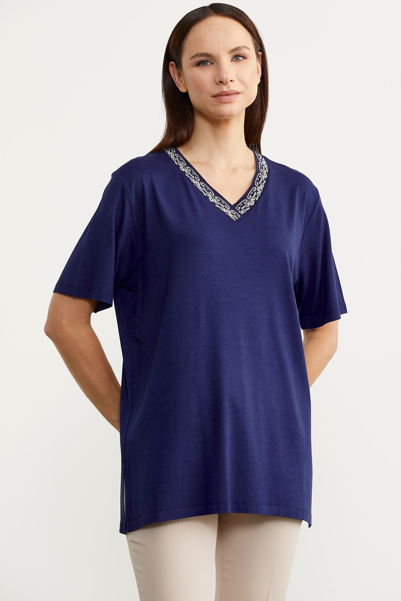 Yaka Detaylı Dökümlü Tişört - Indigo (3) Sementa