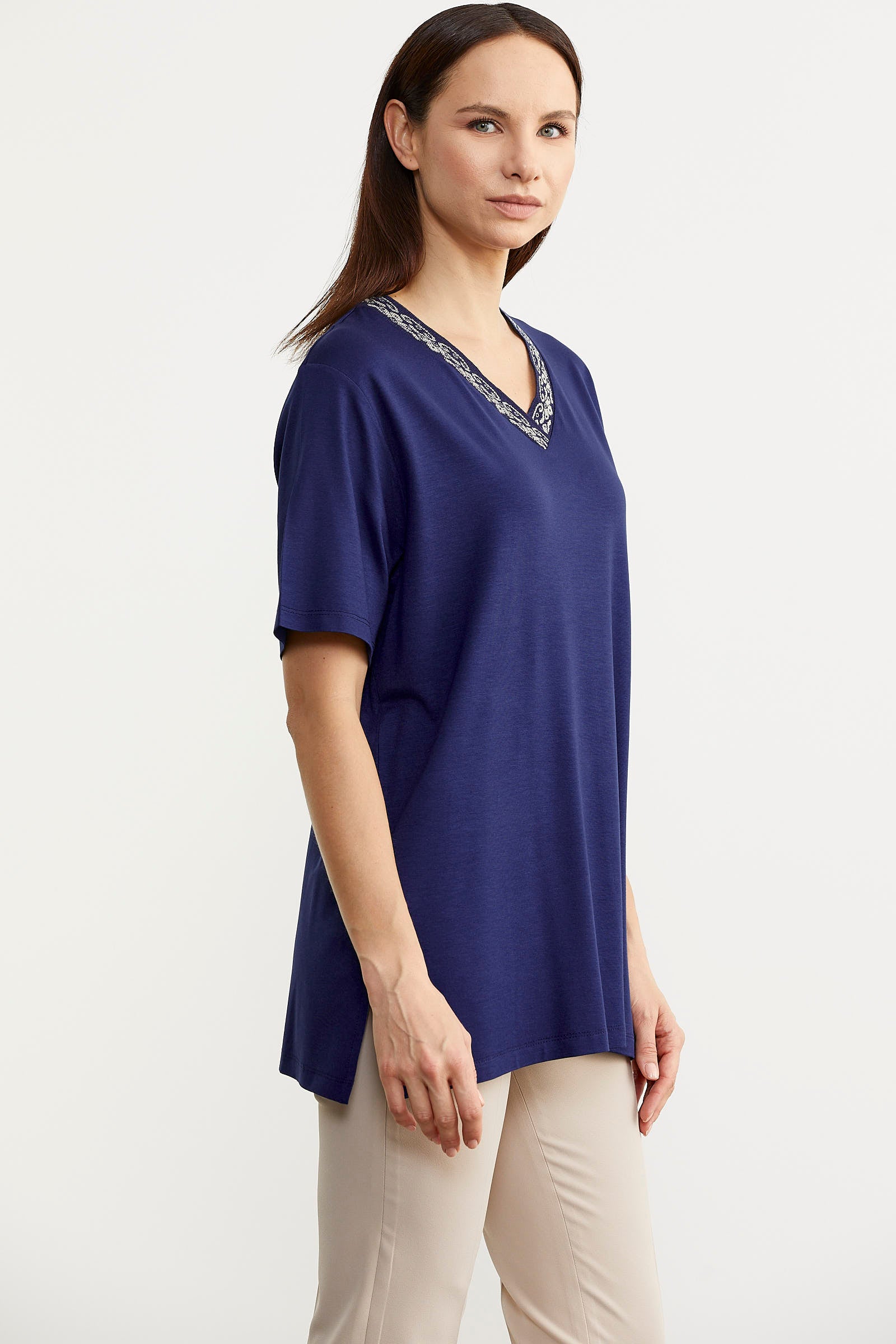 Yaka Detaylı Dökümlü Tişört - Indigo (4) Sementa