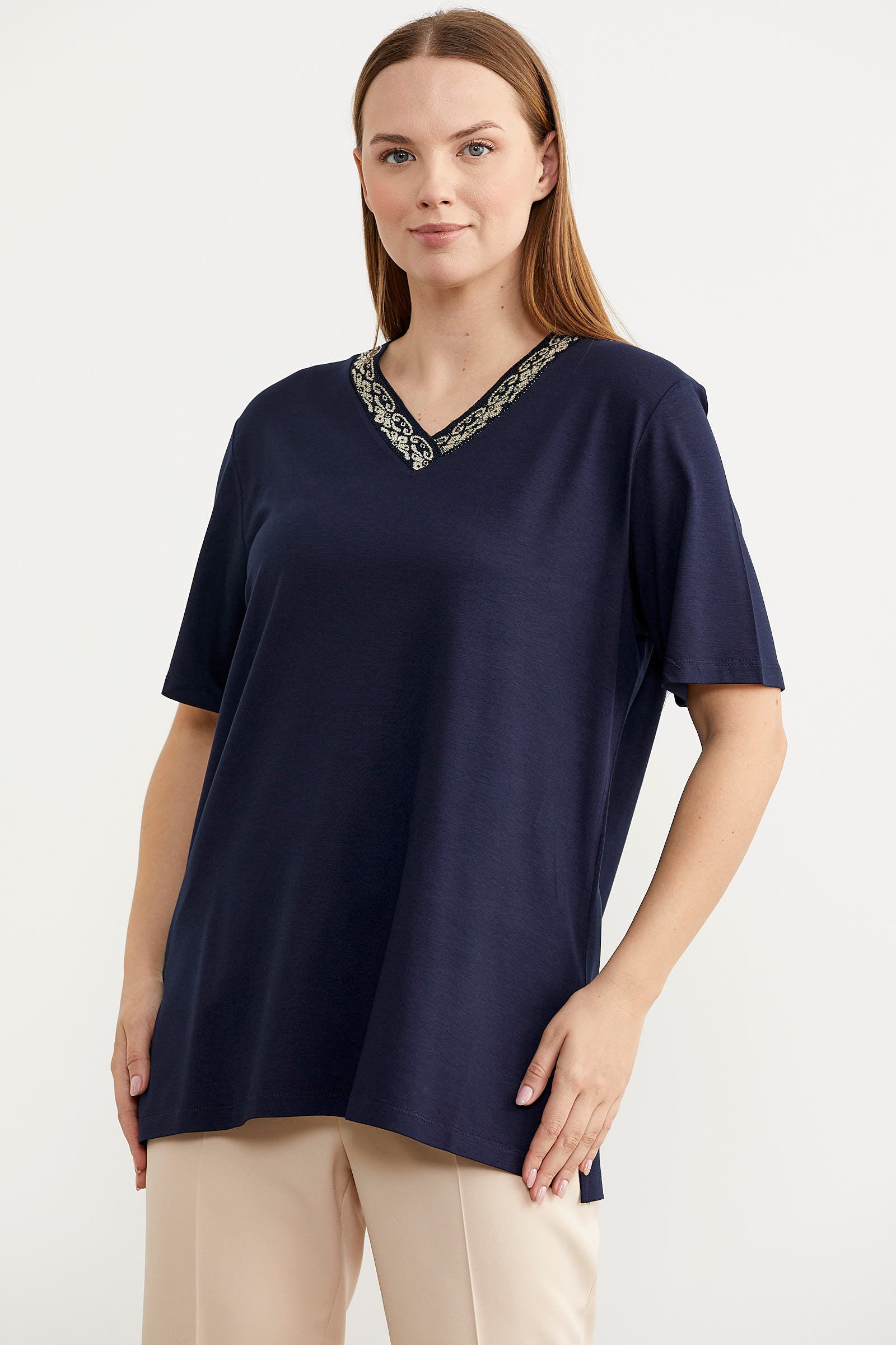 Yaka Detaylı Dökümlü Tişört - Lacivert (2) Sementa