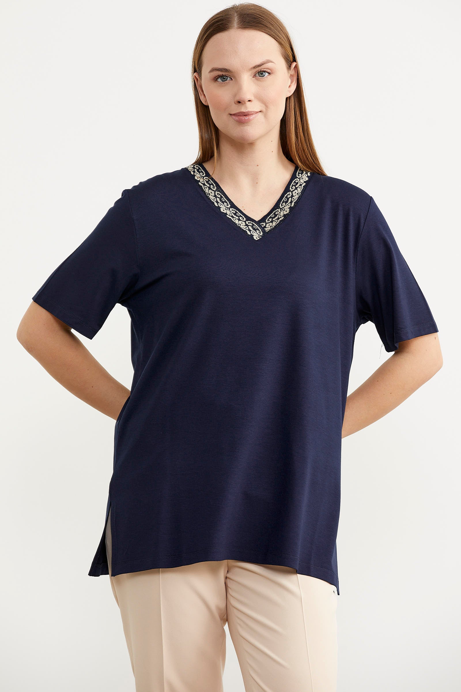 Yaka Detaylı Dökümlü Tişört - Lacivert (3) Sementa