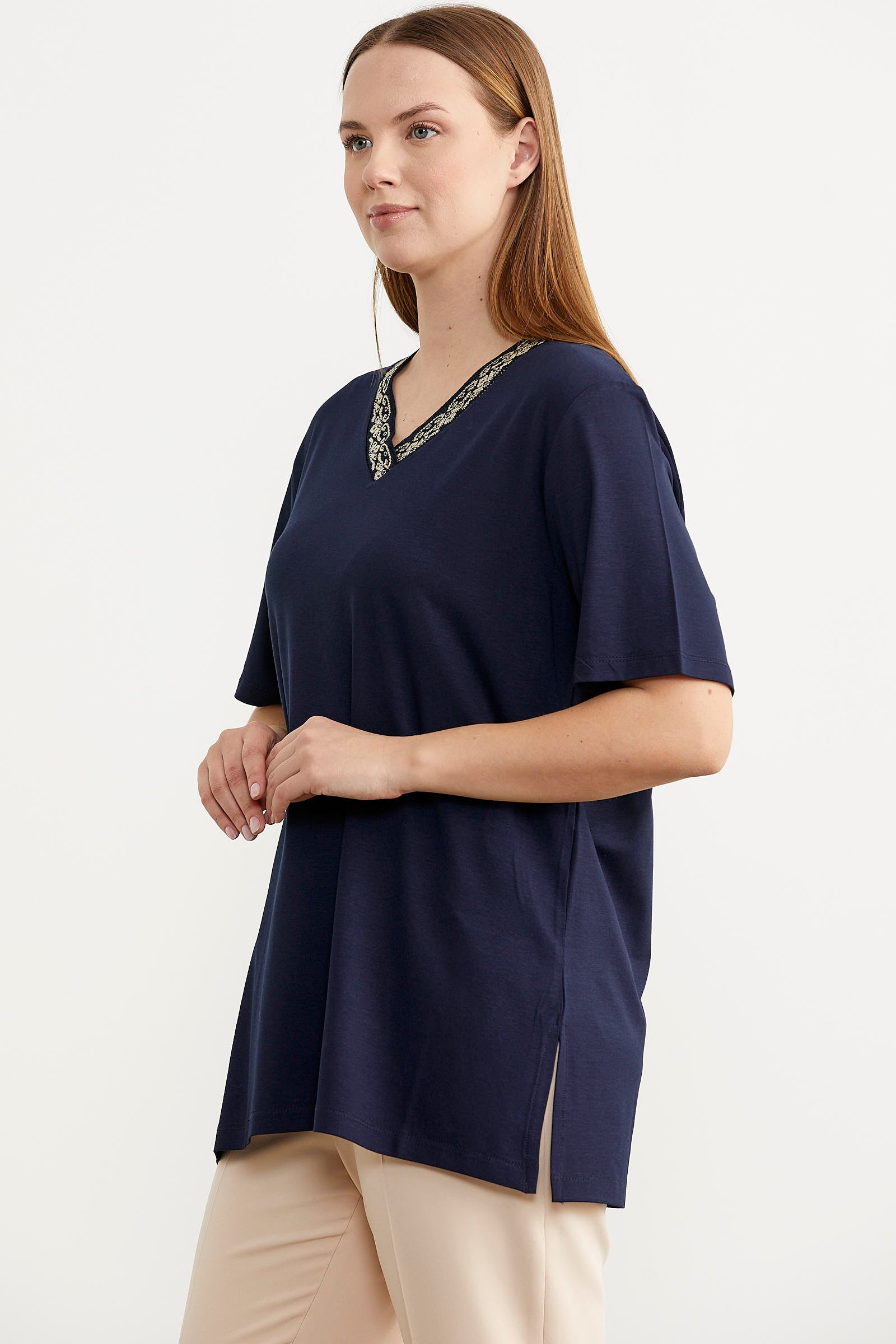 Yaka Detaylı Dökümlü Tişört - Lacivert (4) Sementa