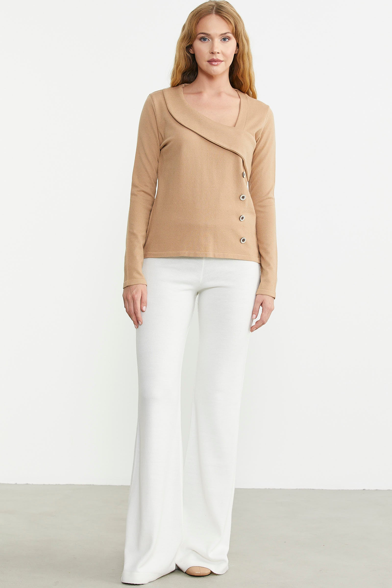 Yaka Detaylı Triko Kazak - Kamel - Sementa