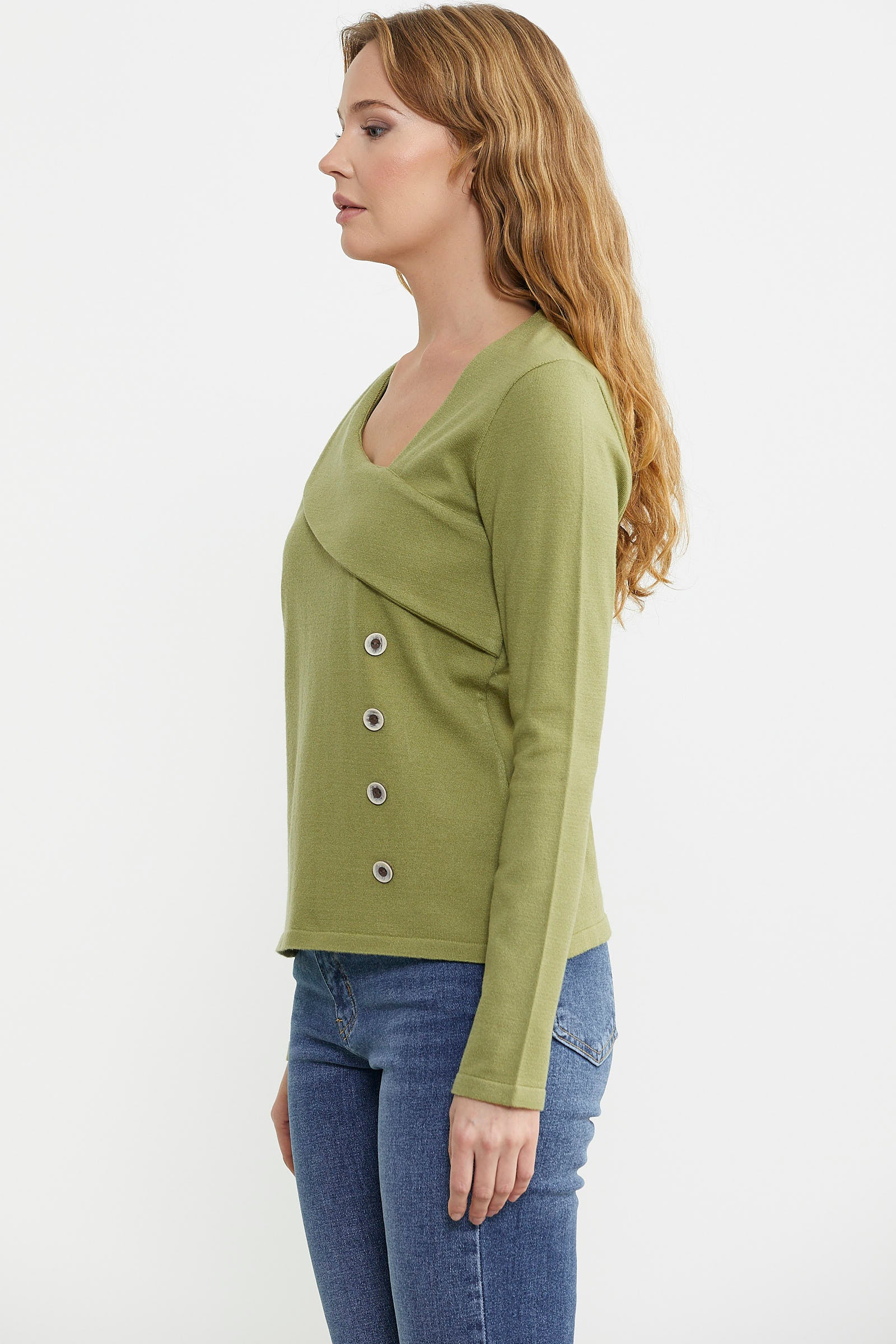 Yaka Detaylı Triko Kazak - Yeşil - Sementa