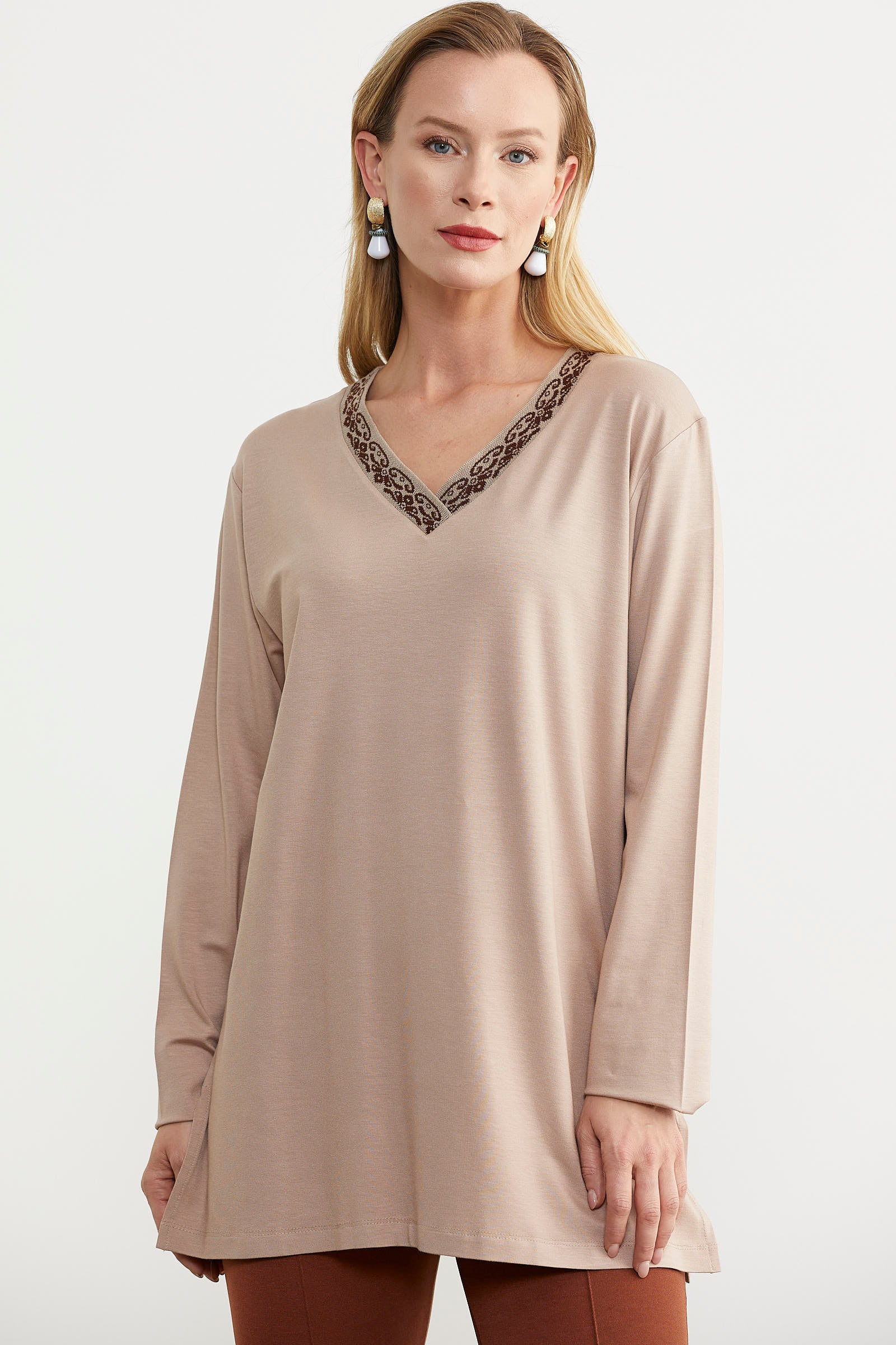 Yaka Detaylı Uzun Kol Tişört - Bej (4) Sementa