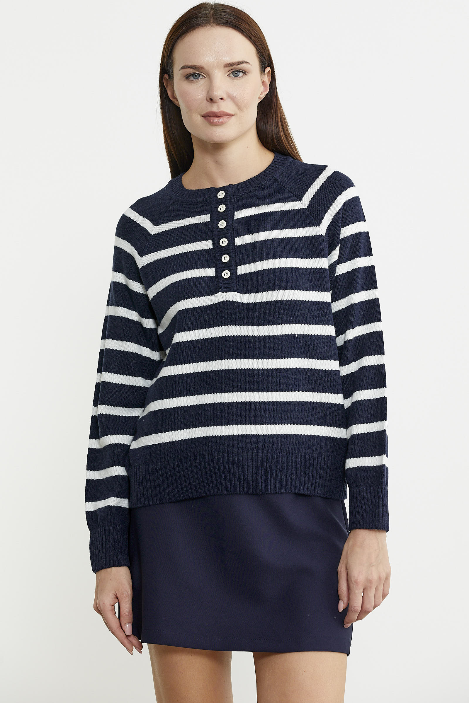 Yaka Düğmeli Çizgili Yünlü Triko Kazak - Lacivert - Sementa
