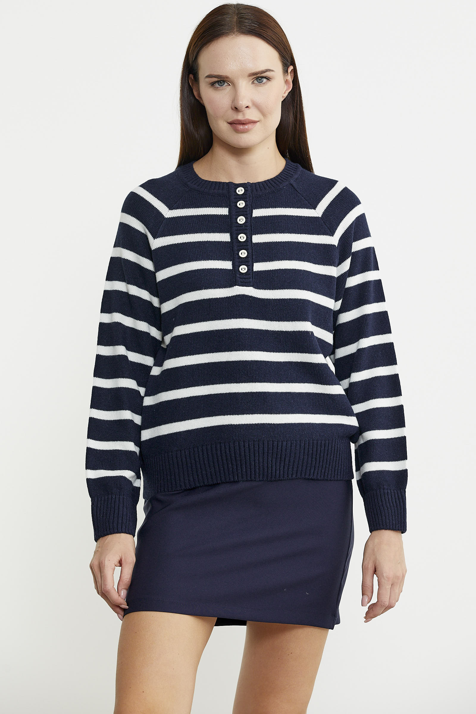 Yaka Düğmeli Çizgili Yünlü Triko Kazak - Lacivert - Sementa