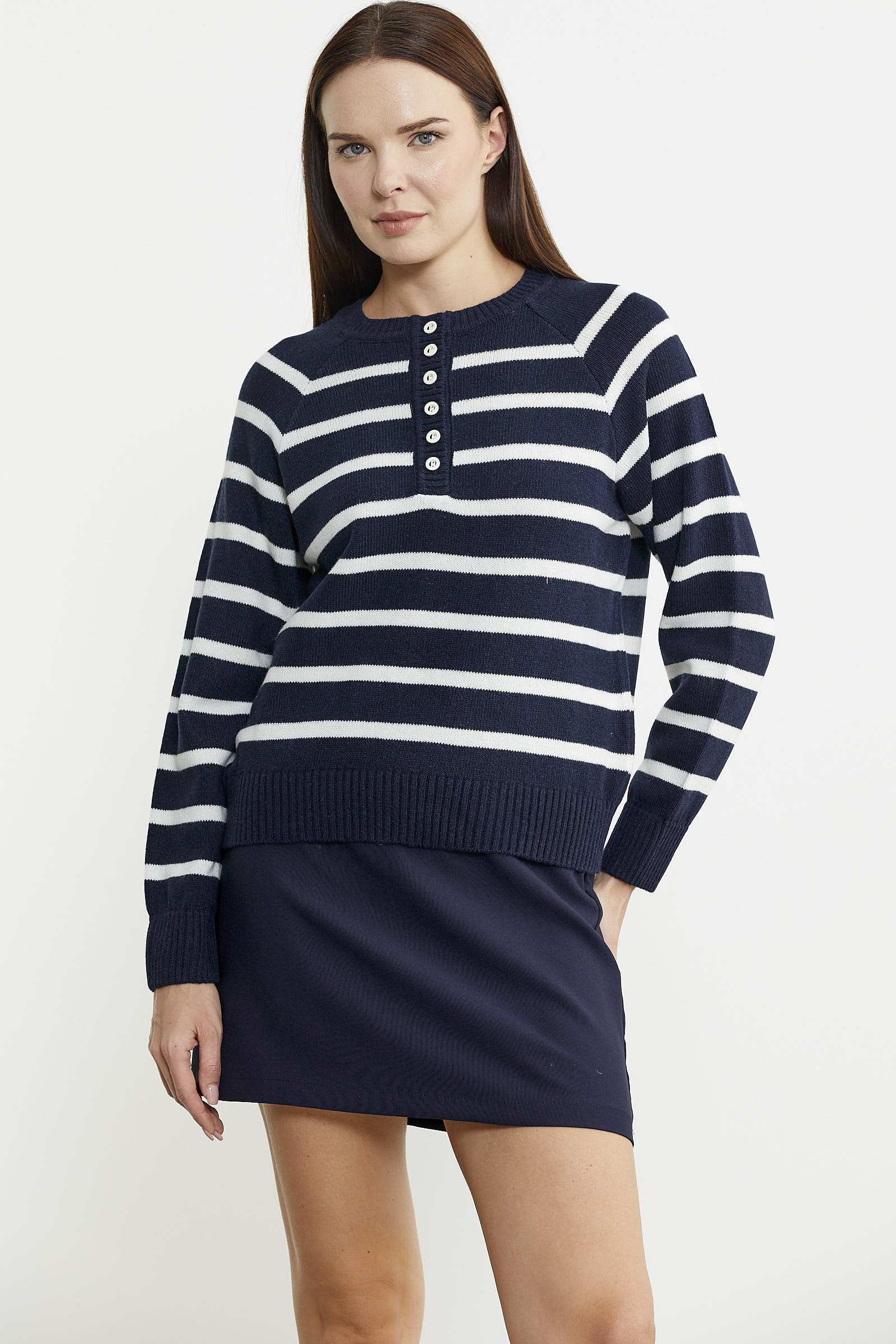 Yaka Düğmeli Çizgili Yünlü Triko Kazak - Lacivert - Sementa