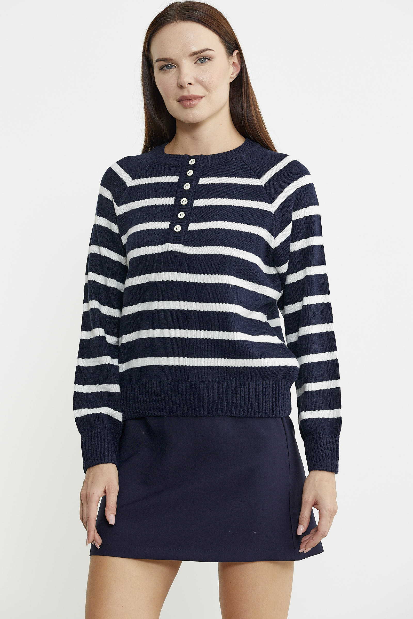 Yaka Düğmeli Çizgili Yünlü Triko Kazak - Lacivert - Sementa
