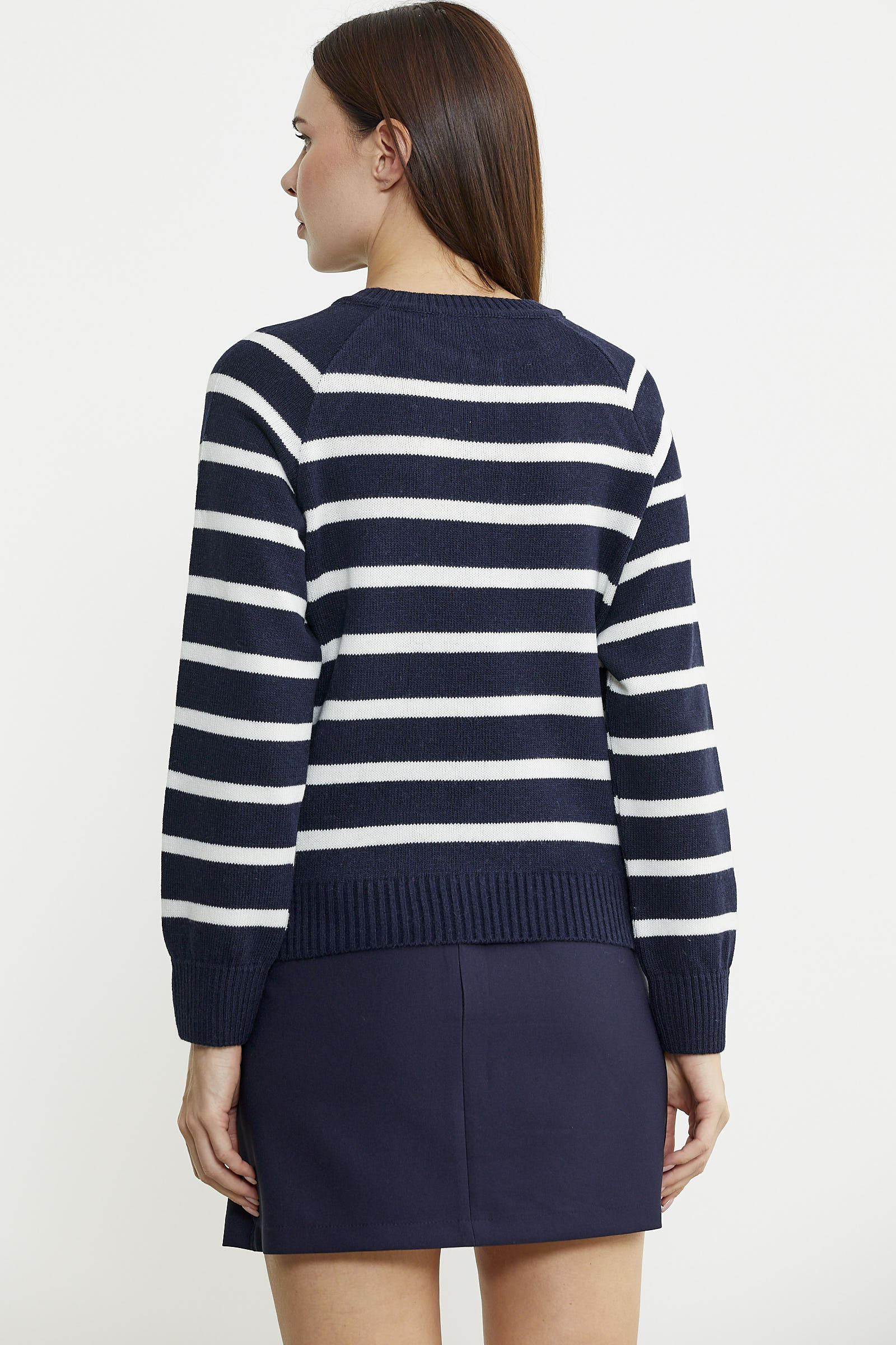 Yaka Düğmeli Çizgili Yünlü Triko Kazak - Lacivert - Sementa