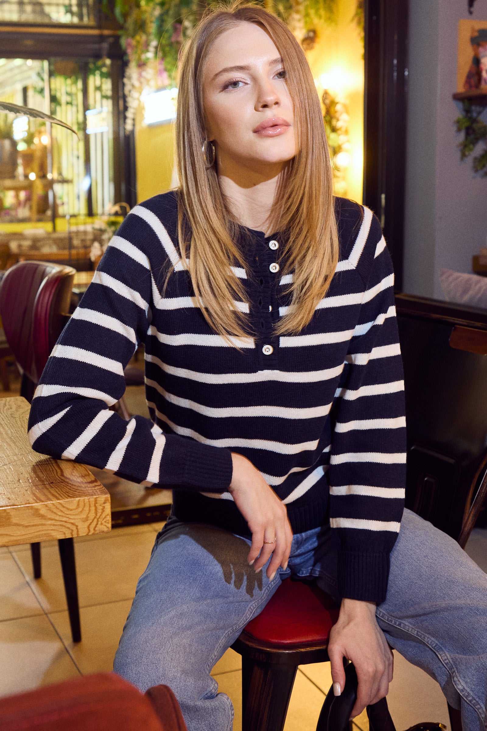 Yaka Düğmeli Çizgili Yünlü Triko Kazak - Lacivert - Sementa