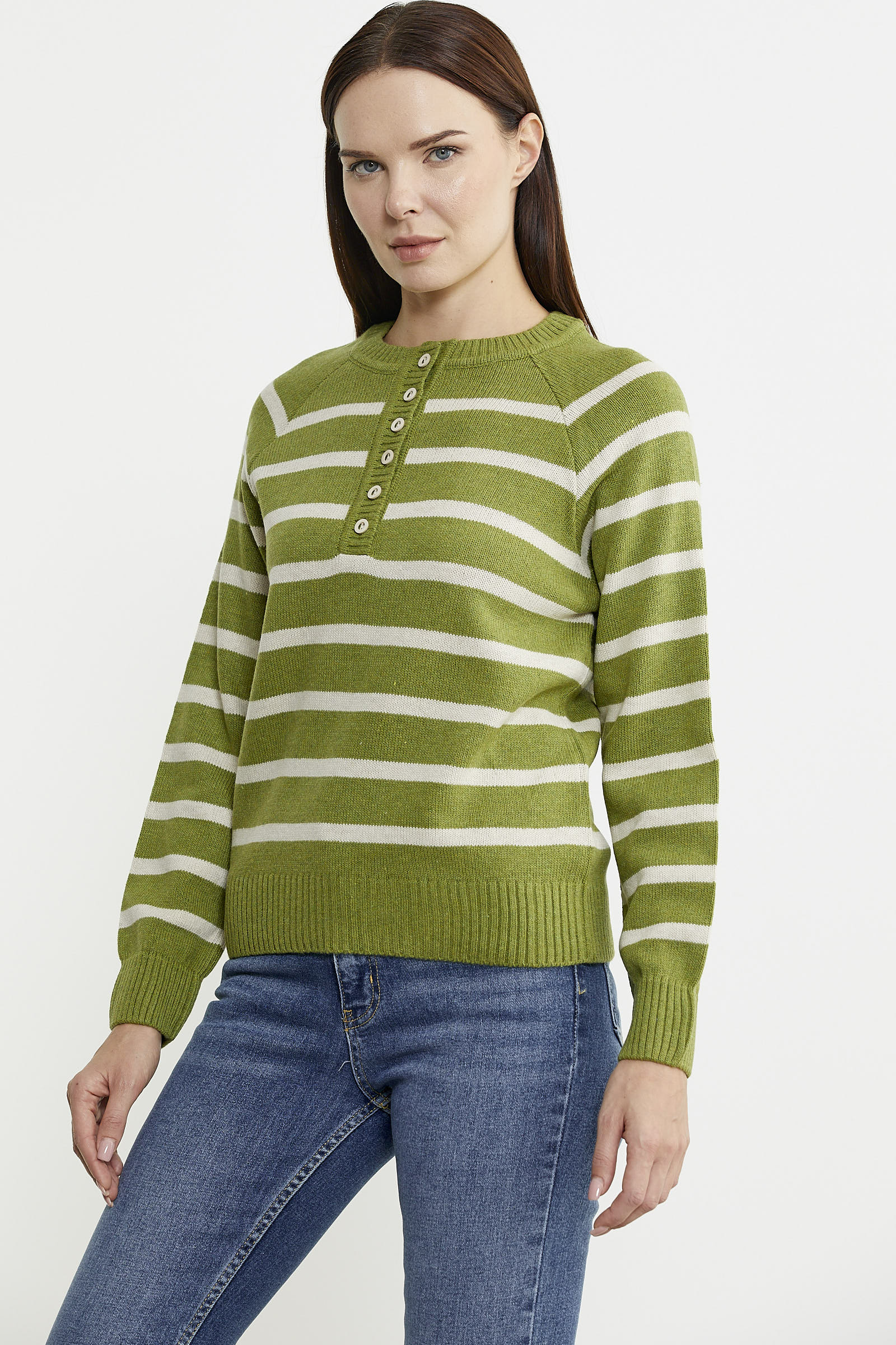 Yaka Düğmeli Çizgili Yünlü Triko Kazak - Yeşil - Sementa