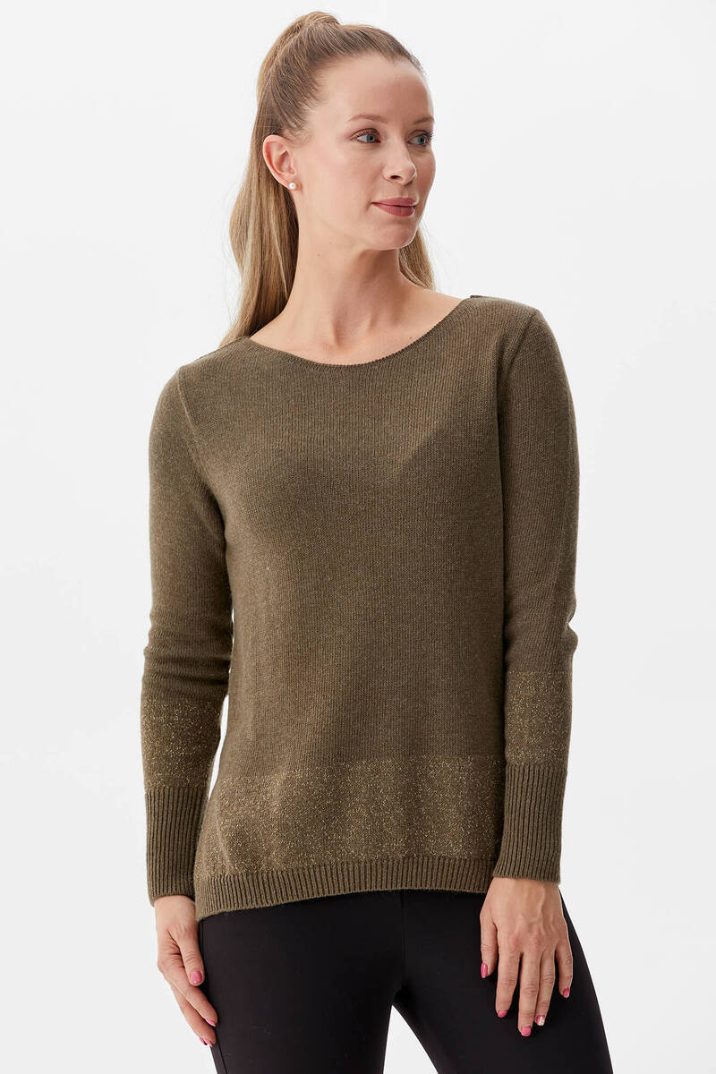Kayık Yaka Sim Detaylı Triko Kazak - Haki (3) Sementa