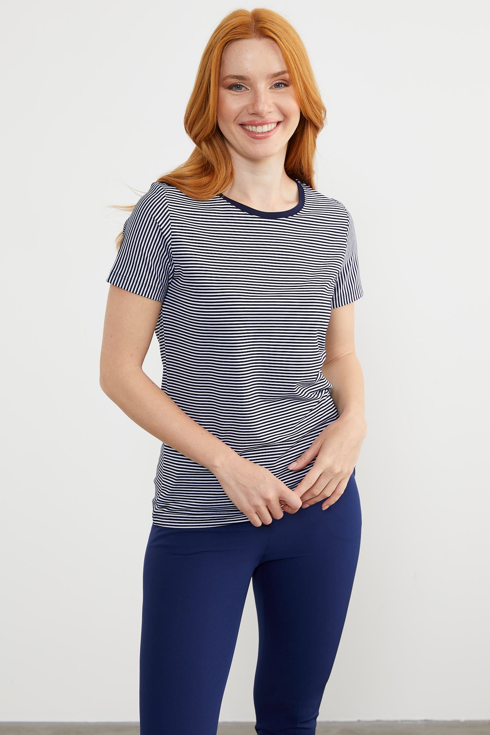 Yakası Biyeli Çizgili Penye Tişört - Lacivert (2) Sementa