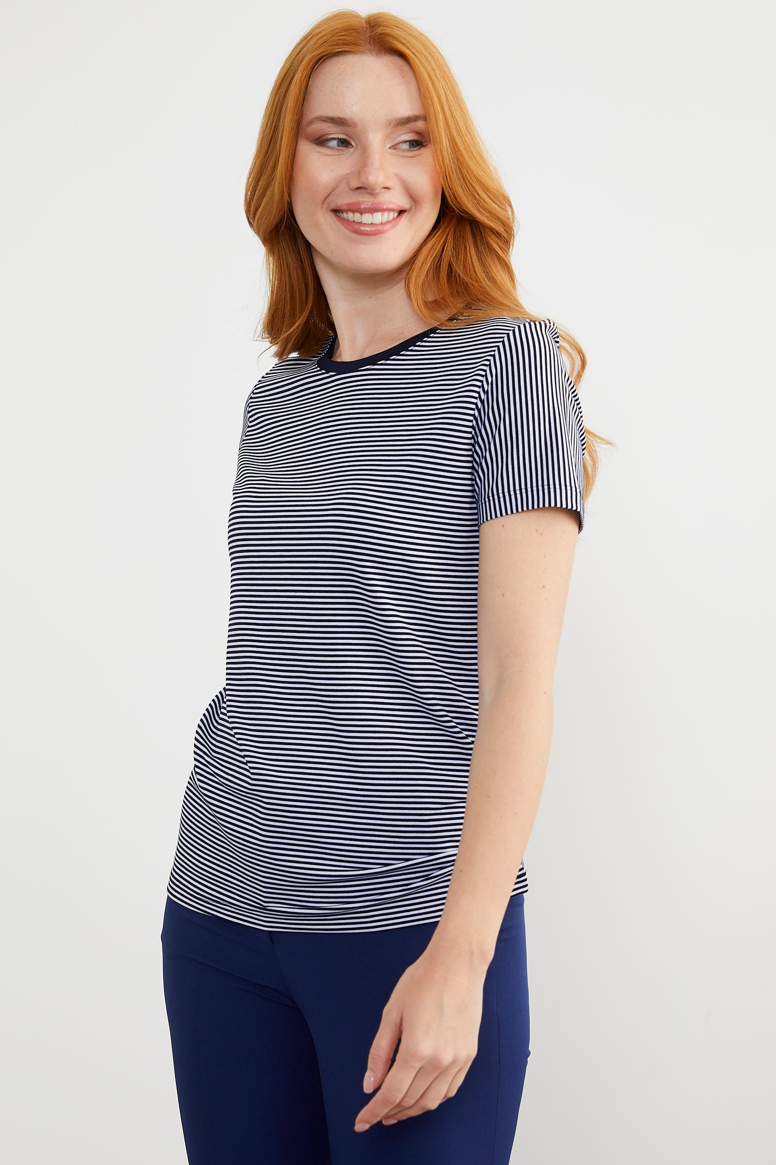 Yakası Biyeli Çizgili Penye Tişört - Lacivert (3) Sementa