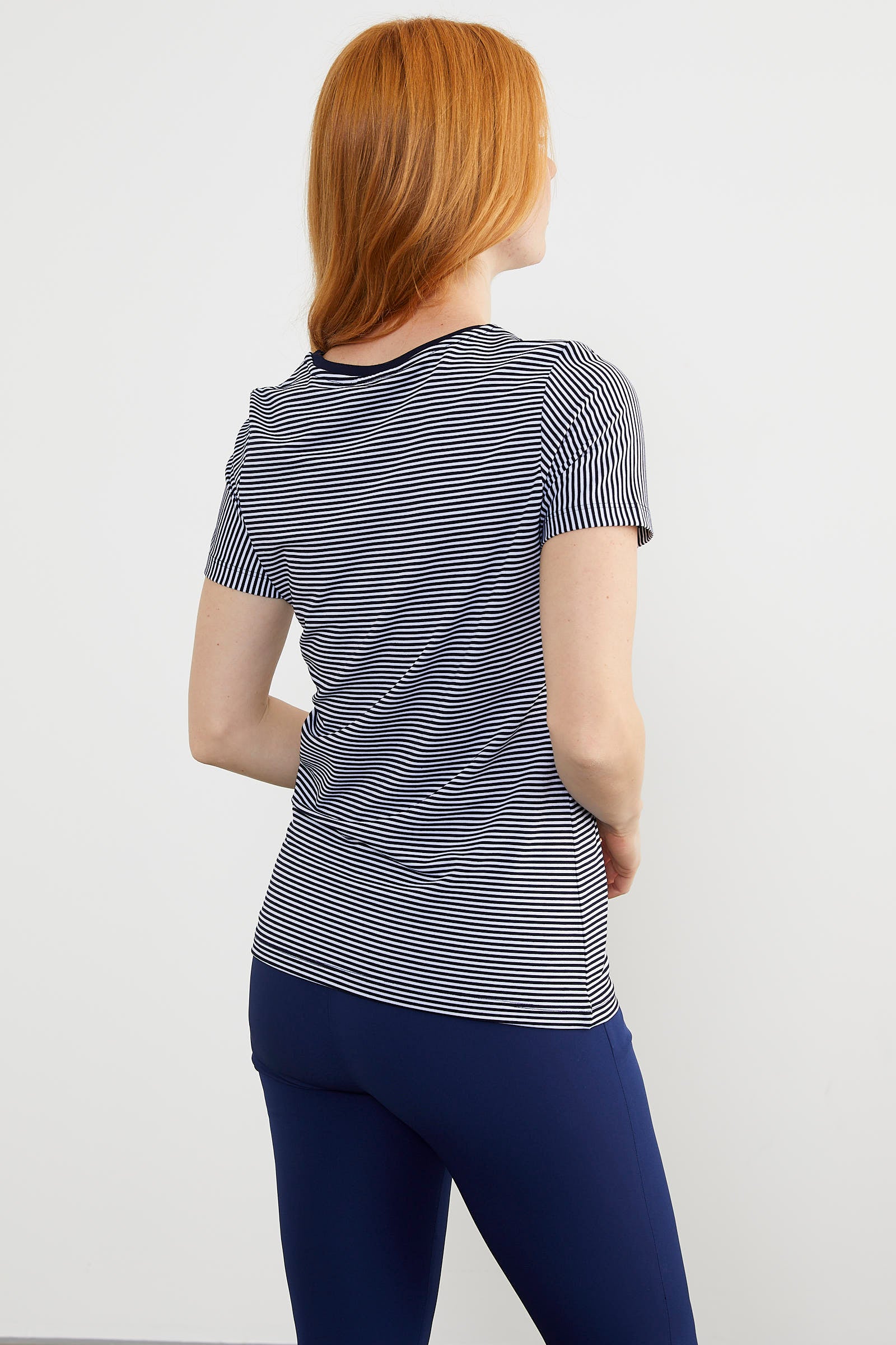 Yakası Biyeli Çizgili Penye Tişört - Lacivert (4) Sementa
