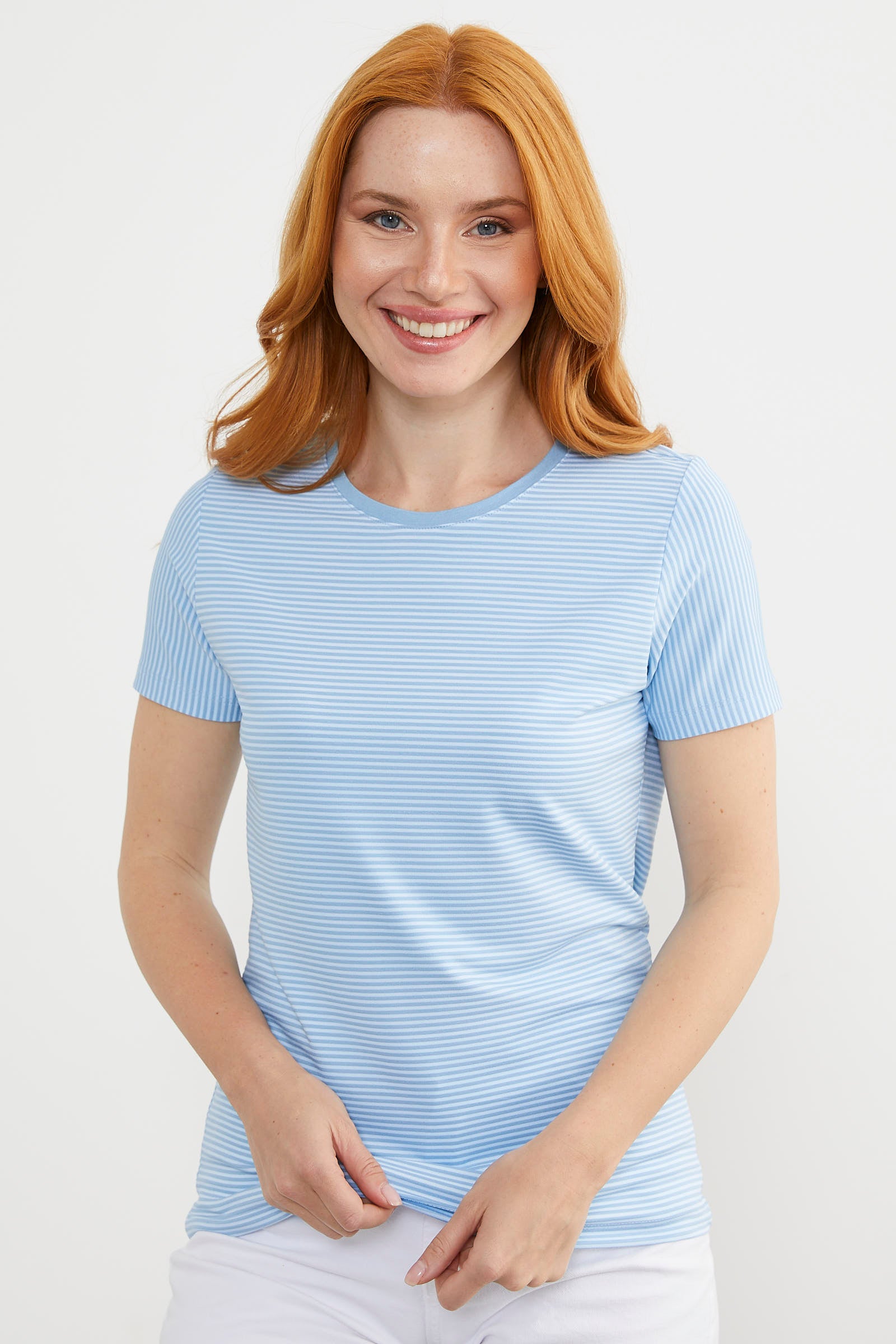 Yakası Biyeli Çizgili Penye Tişört - Mavi (1) Sementa