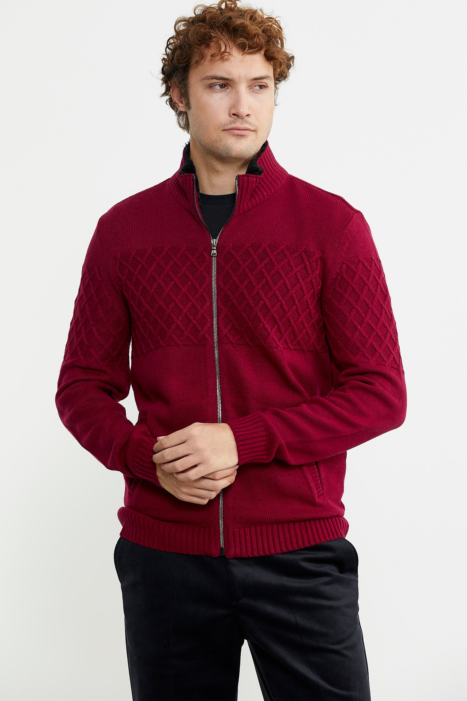 Yakası Suni Kürk Detaylı Yün Triko Mont - Bordo - Sementa