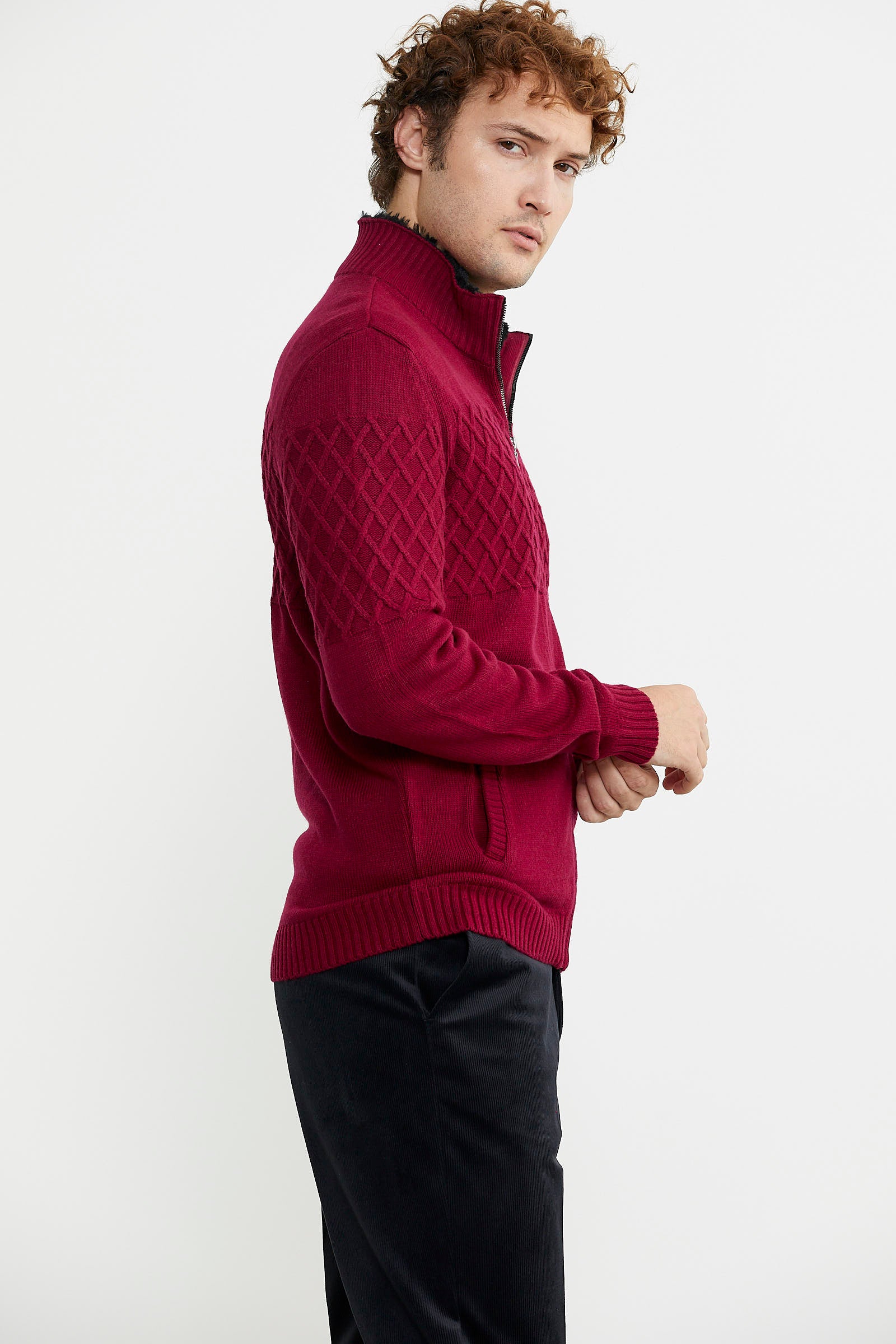 Yakası Suni Kürk Detaylı Yün Triko Mont - Bordo - Sementa