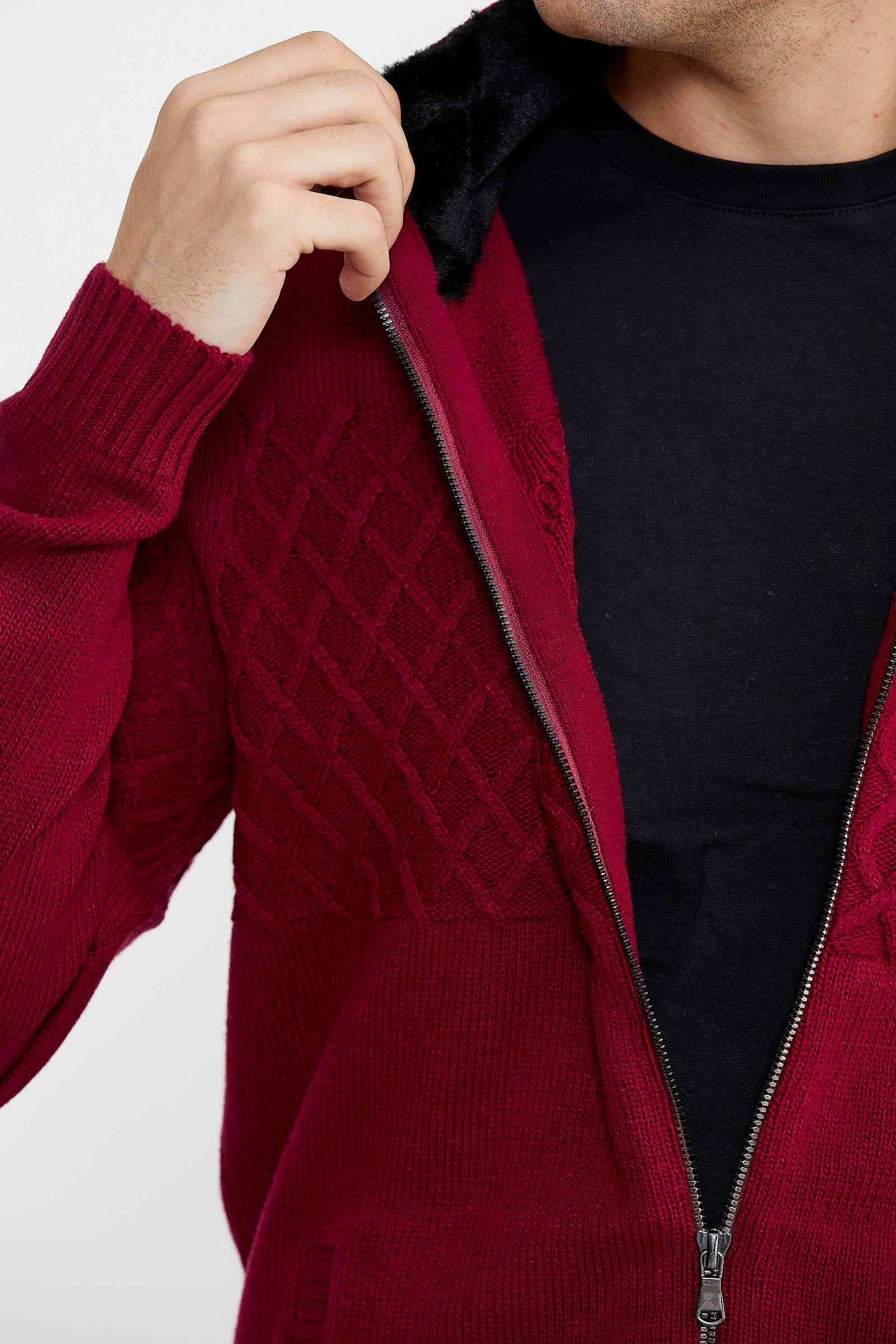 Yakası Suni Kürk Detaylı Yün Triko Mont - Bordo - Sementa