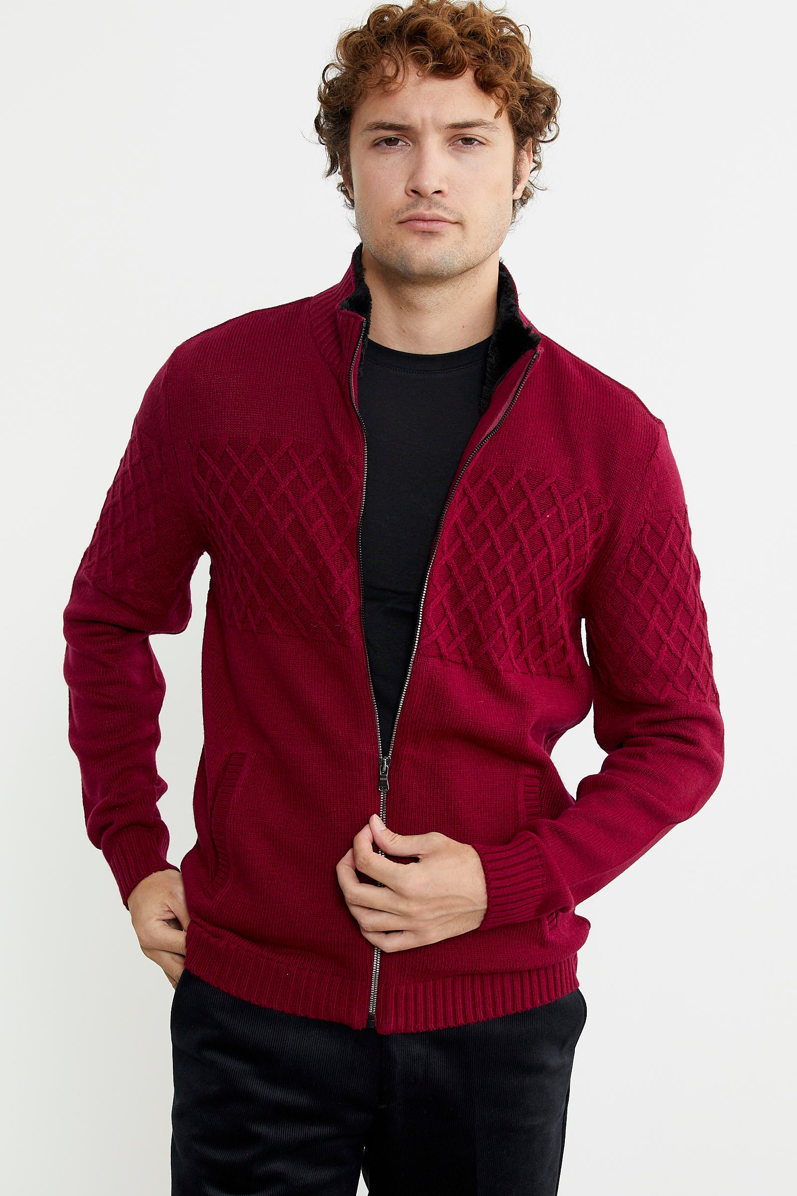 Yakası Suni Kürk Detaylı Yün Triko Mont - Bordo - Sementa