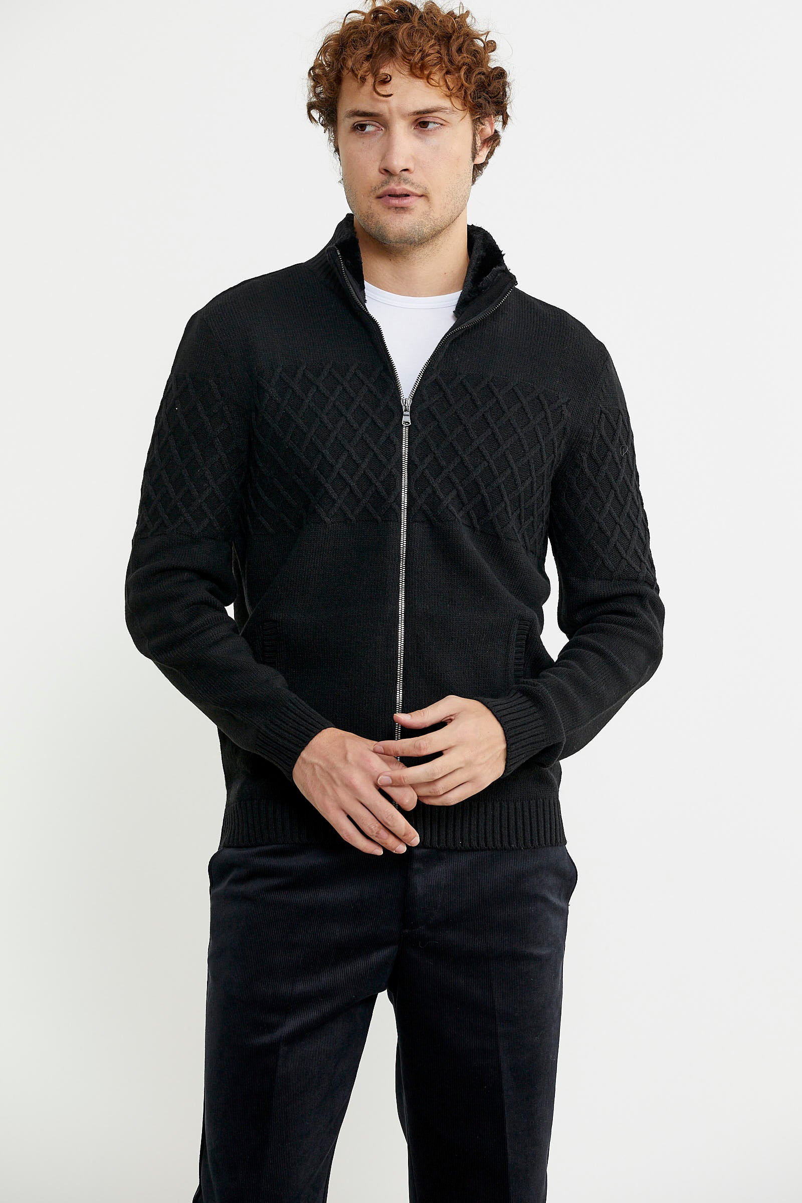 Yakası Suni Kürk Detaylı Yün Triko Mont - Siyah - Sementa