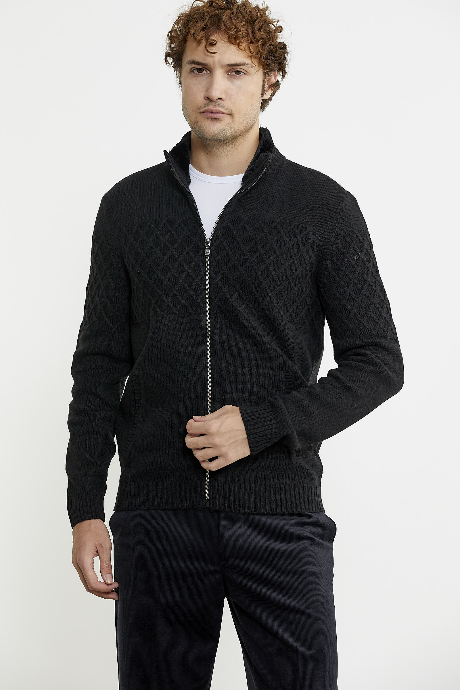 Yakası Suni Kürk Detaylı Yün Triko Mont - Siyah - Sementa