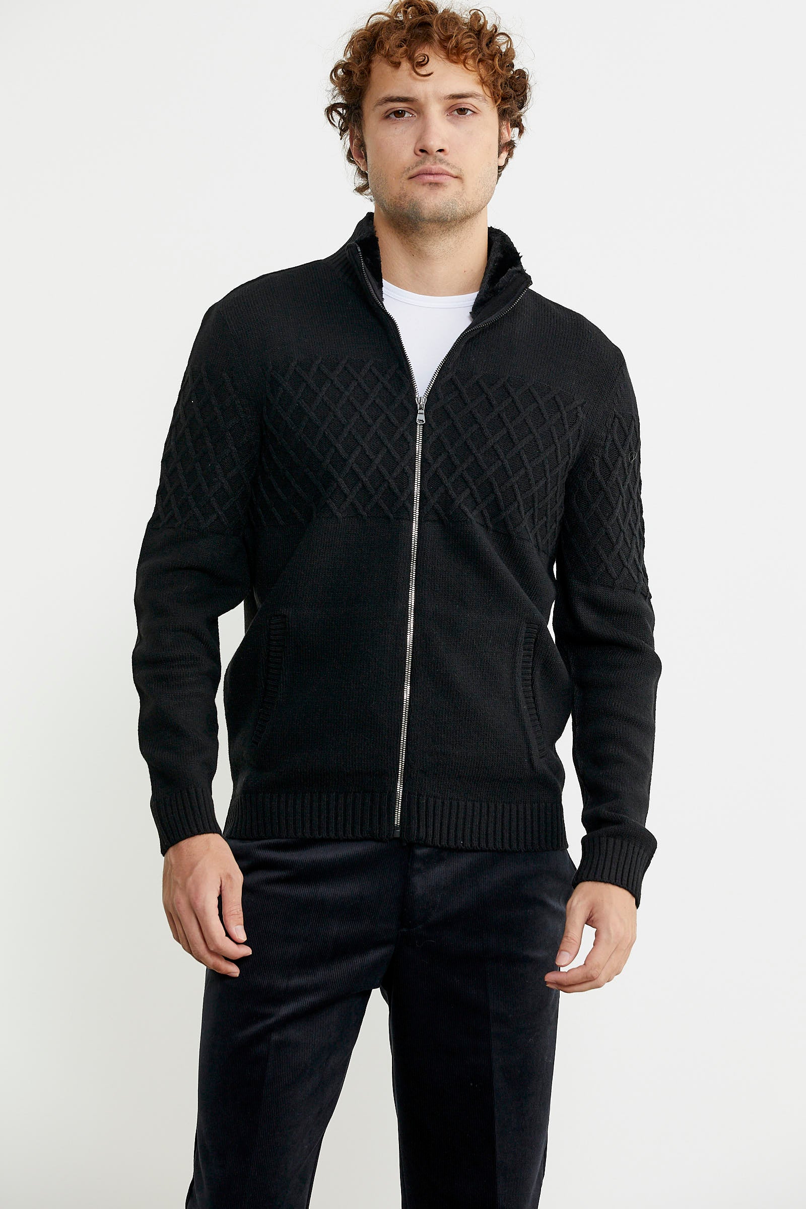 Yakası Suni Kürk Detaylı Yün Triko Mont - Siyah - Sementa