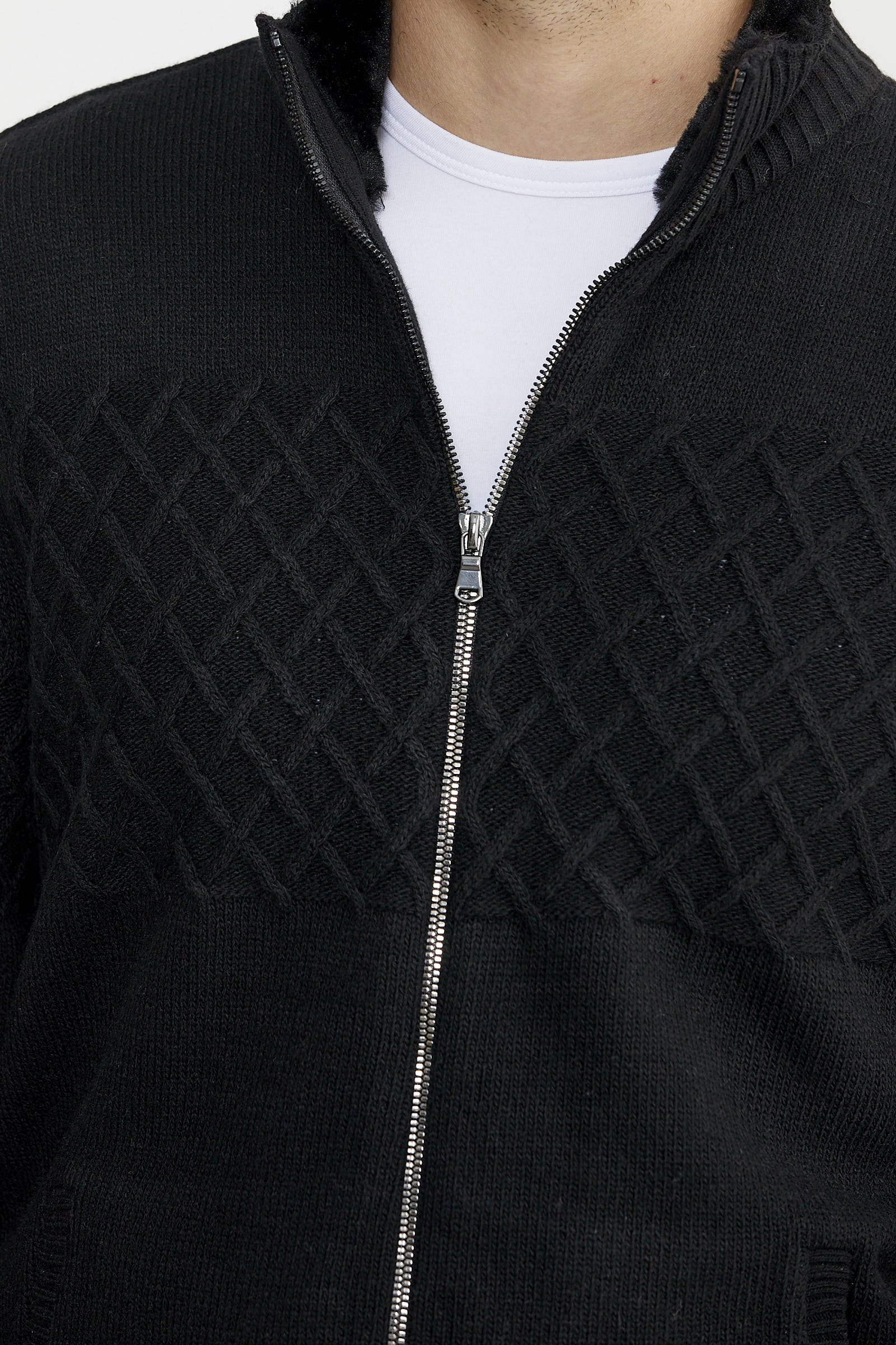 Yakası Suni Kürk Detaylı Yün Triko Mont - Siyah - Sementa