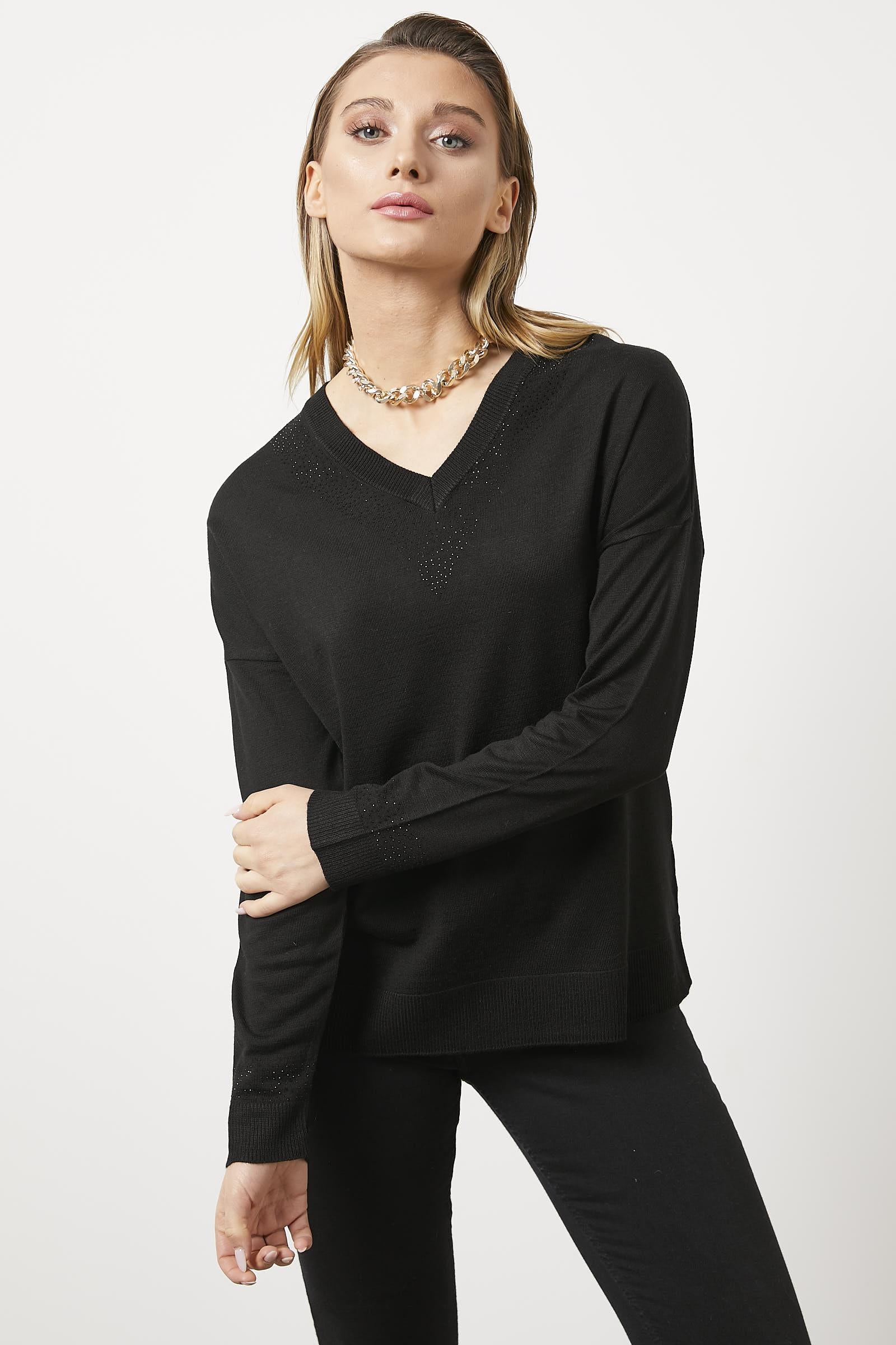 Yakası Taş Detaylı Dökümlü Triko Kazak - Siyah (5) Sementa