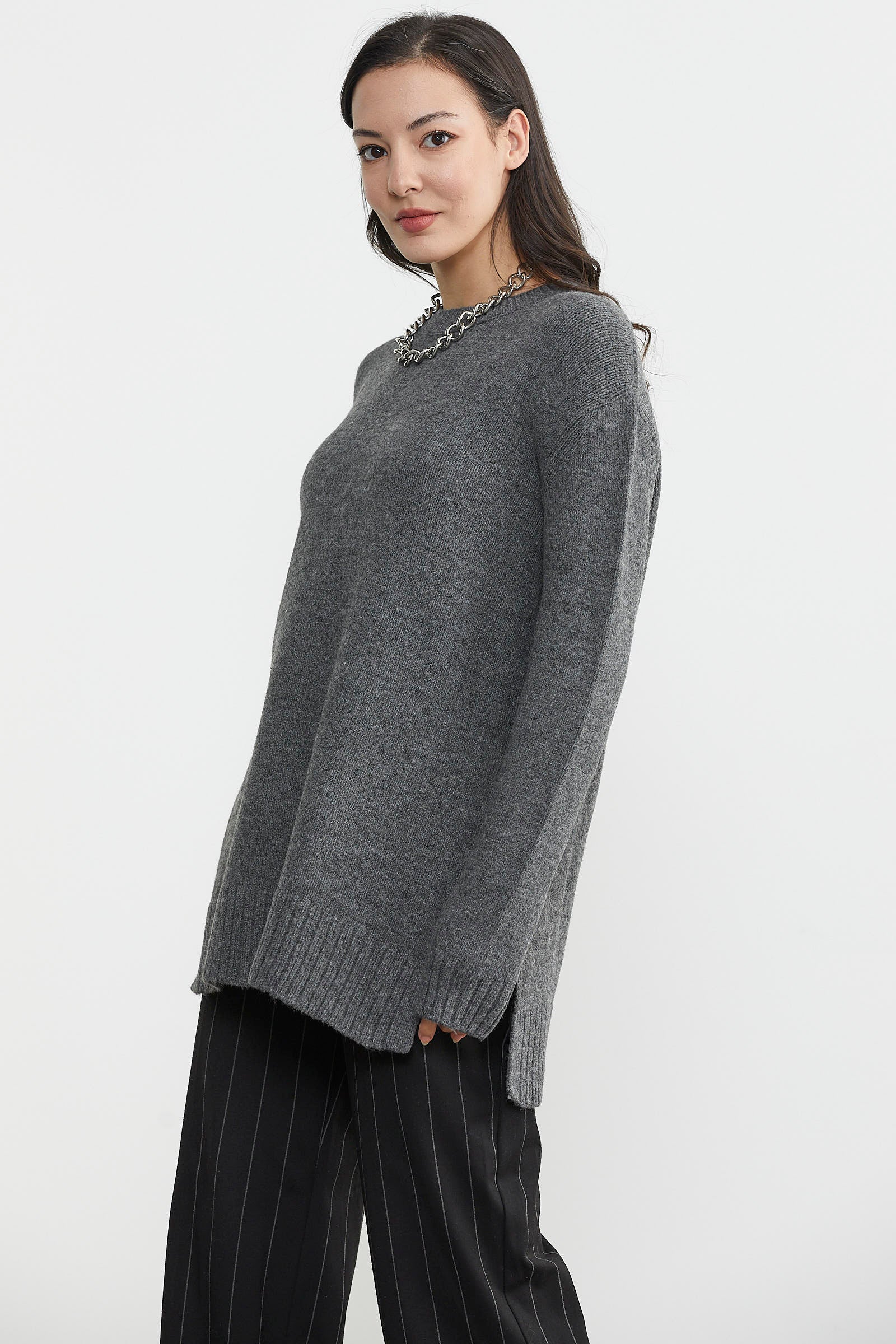 Yanları Yırtmaçlı Uzun Triko Kazak - Füme (4) Sementa