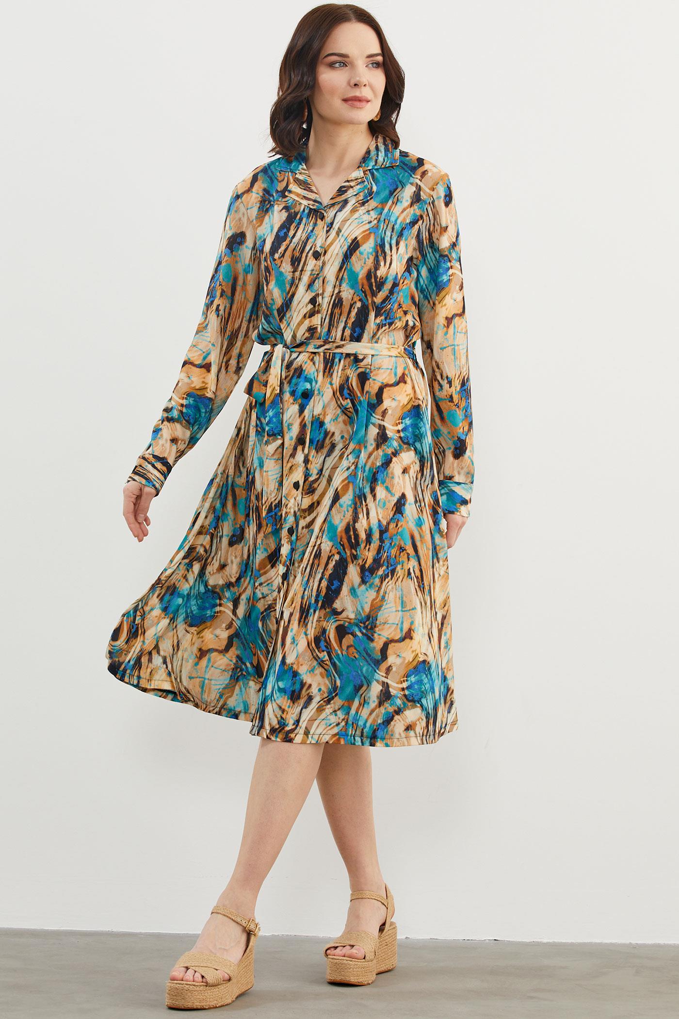 Yaprak Desenli Renkli Gömlek Elbise - Turkuaz (2) Sementa