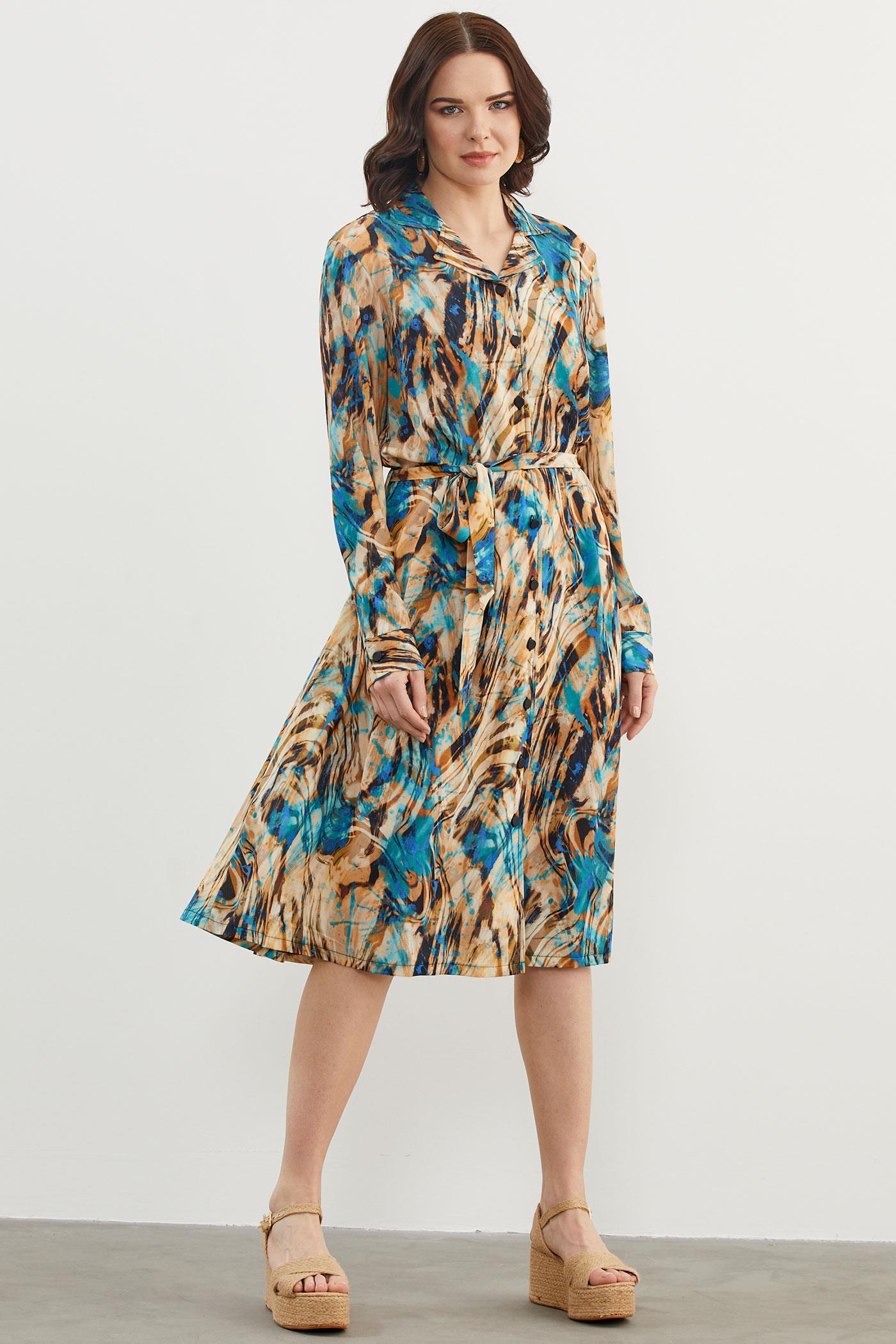 Yaprak Desenli Renkli Gömlek Elbise - Turkuaz (3) Sementa