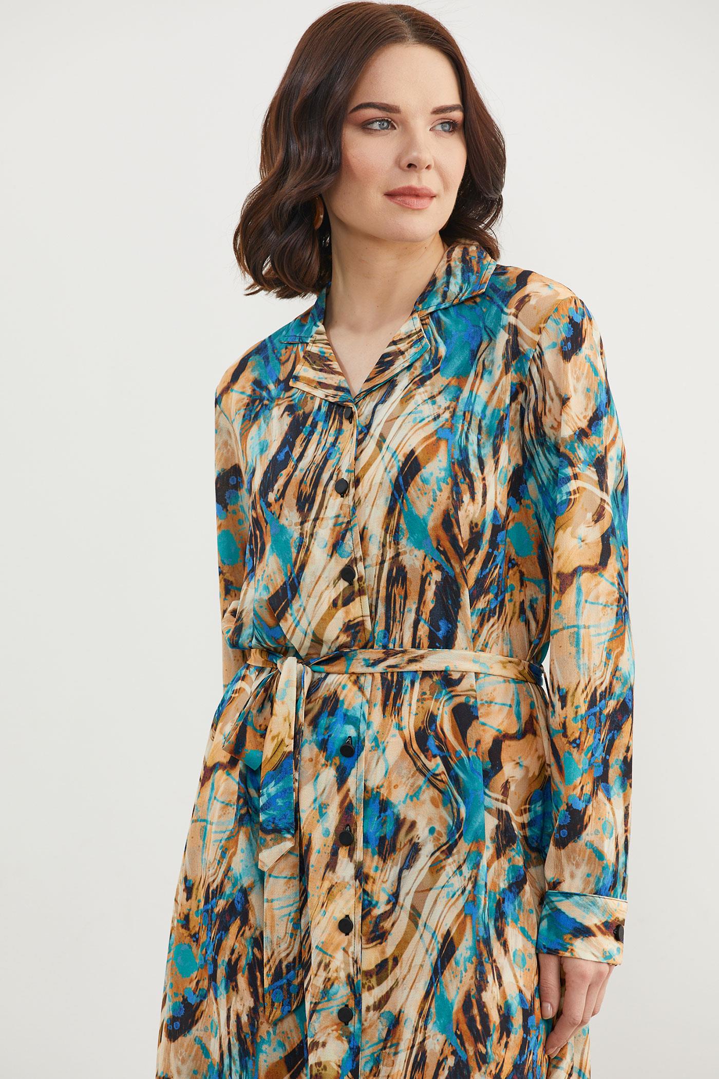 Yaprak Desenli Renkli Gömlek Elbise - Turkuaz (4) Sementa