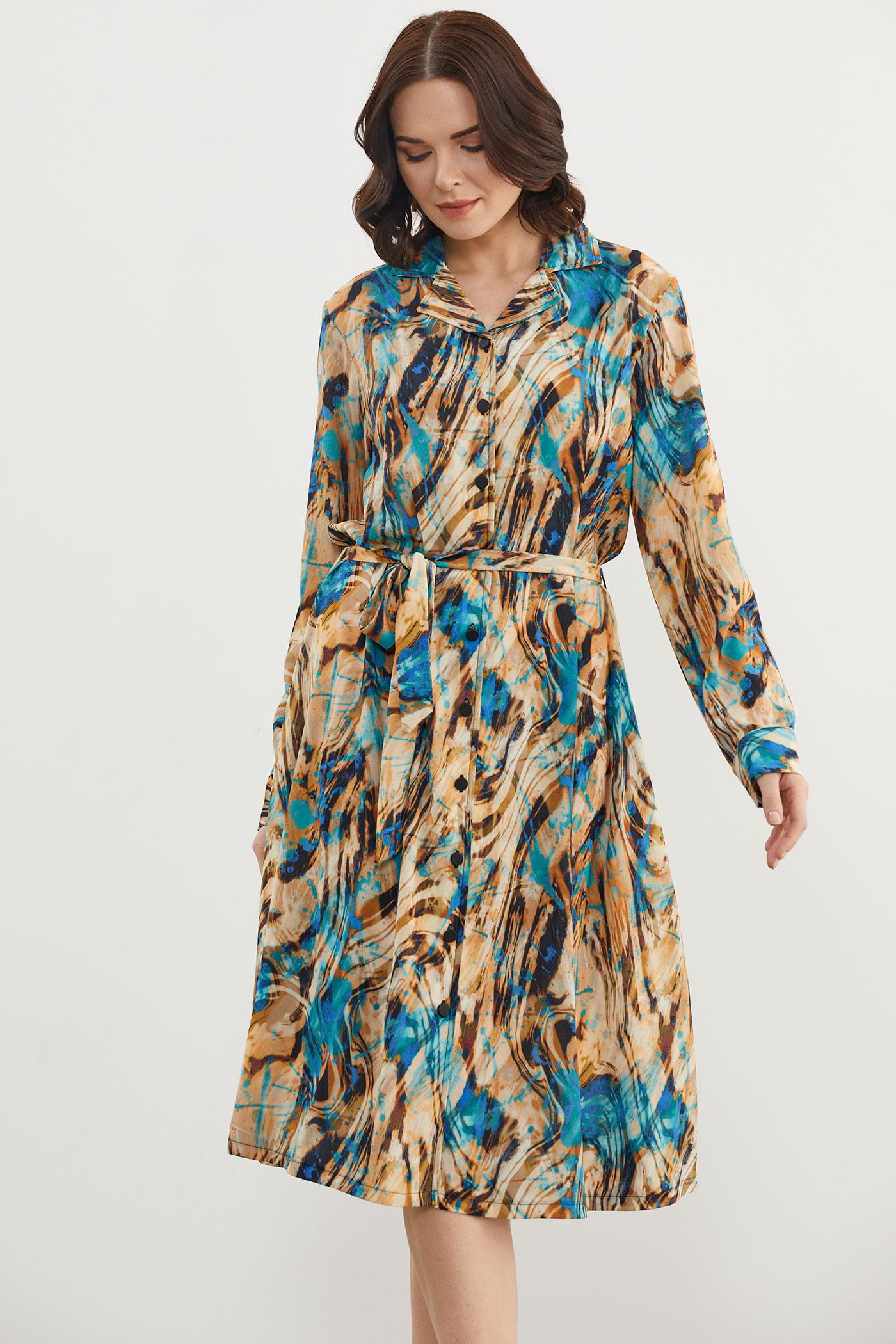 Yaprak Desenli Renkli Gömlek Elbise - Turkuaz (5) Sementa