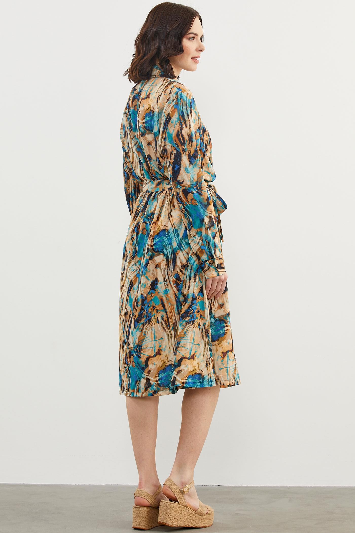 Yaprak Desenli Renkli Gömlek Elbise - Turkuaz (6) Sementa