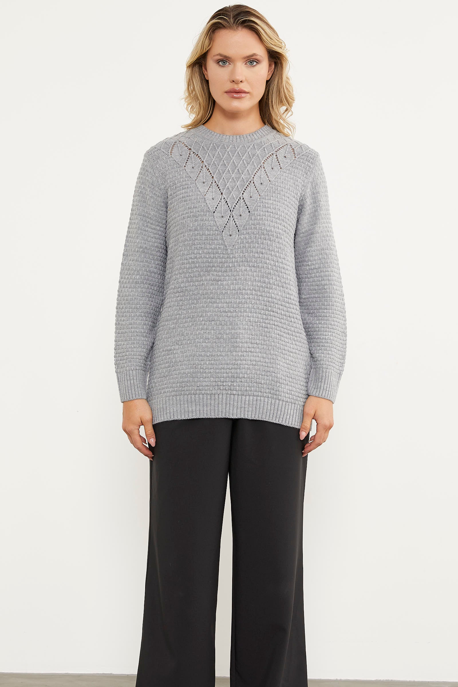 Yaprak Motif Petek Örgü Triko Kazak - Gri (4) Sementa