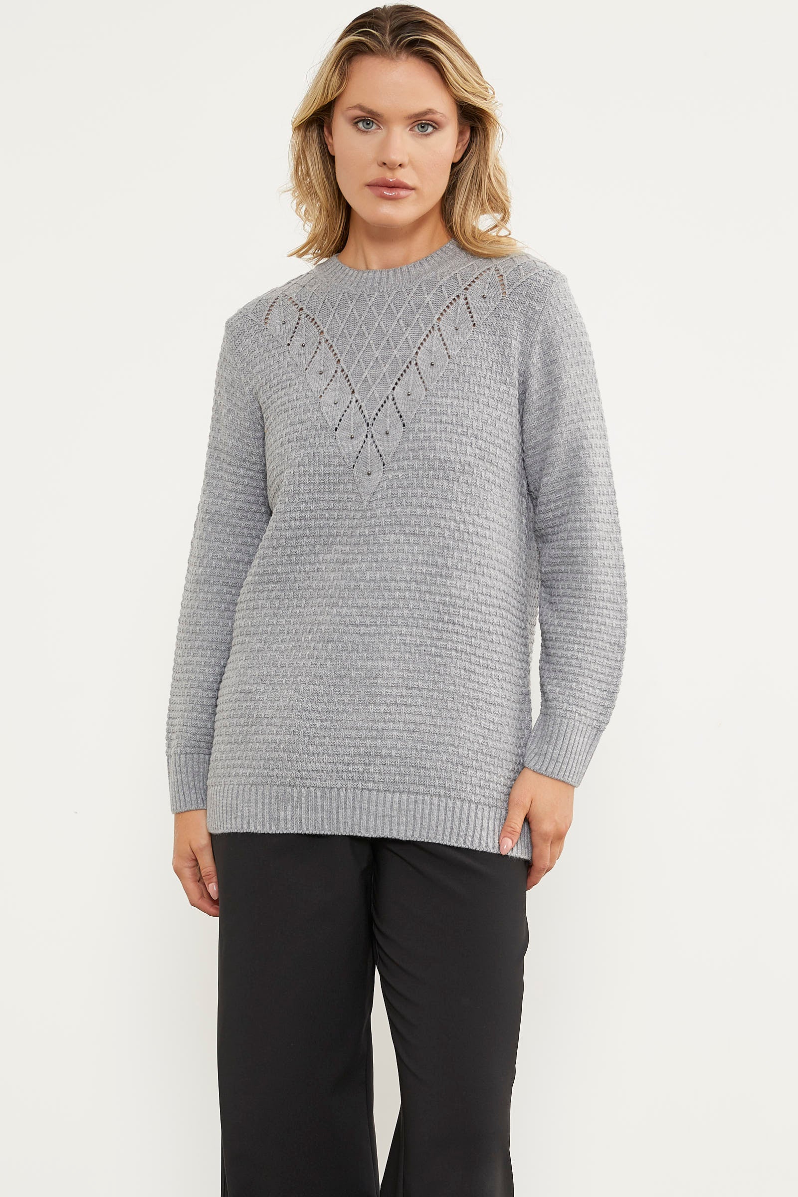 Yaprak Motif Petek Örgü Triko Kazak - Gri (2) Sementa