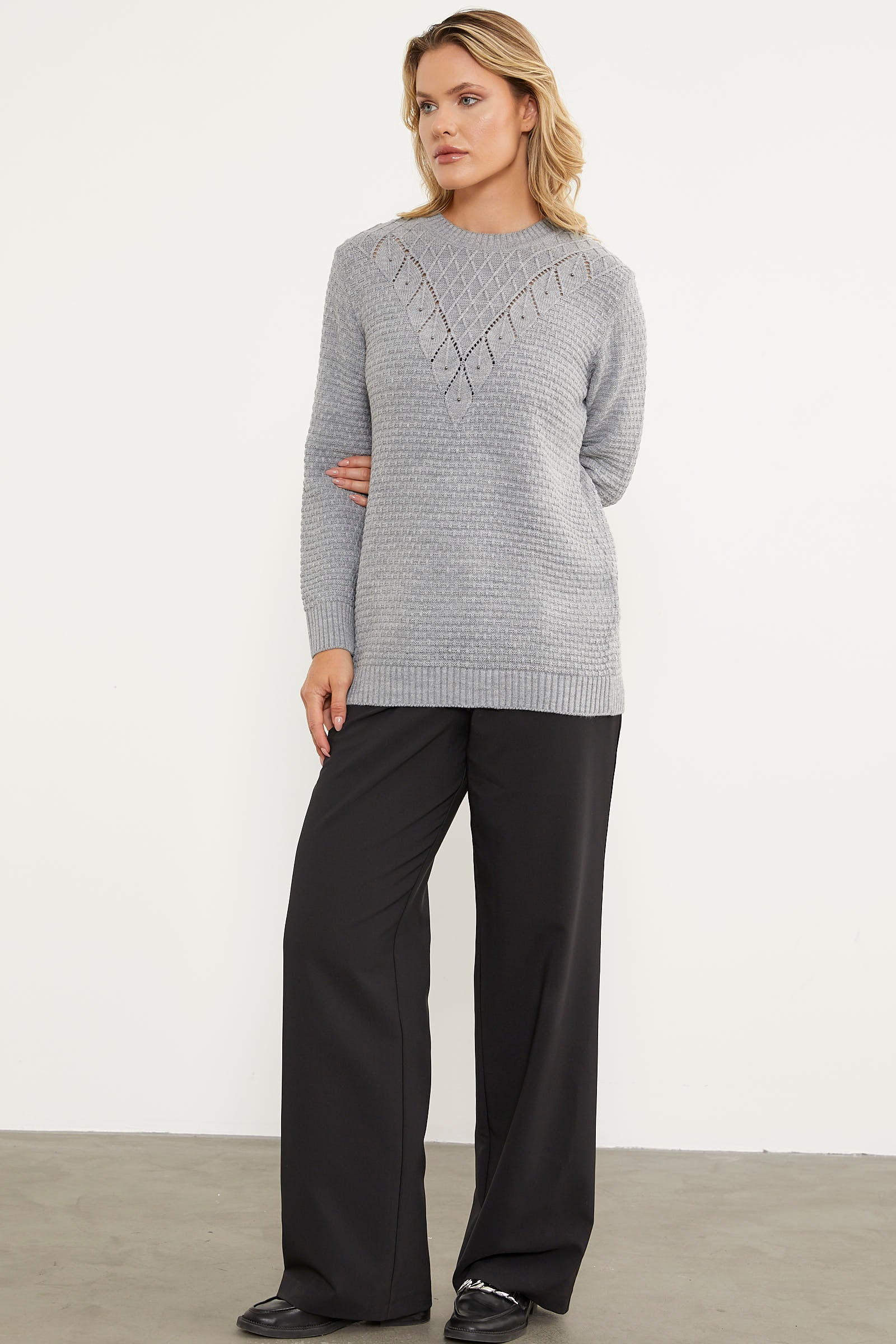 Yaprak Motif Petek Örgü Triko Kazak - Gri (3) Sementa