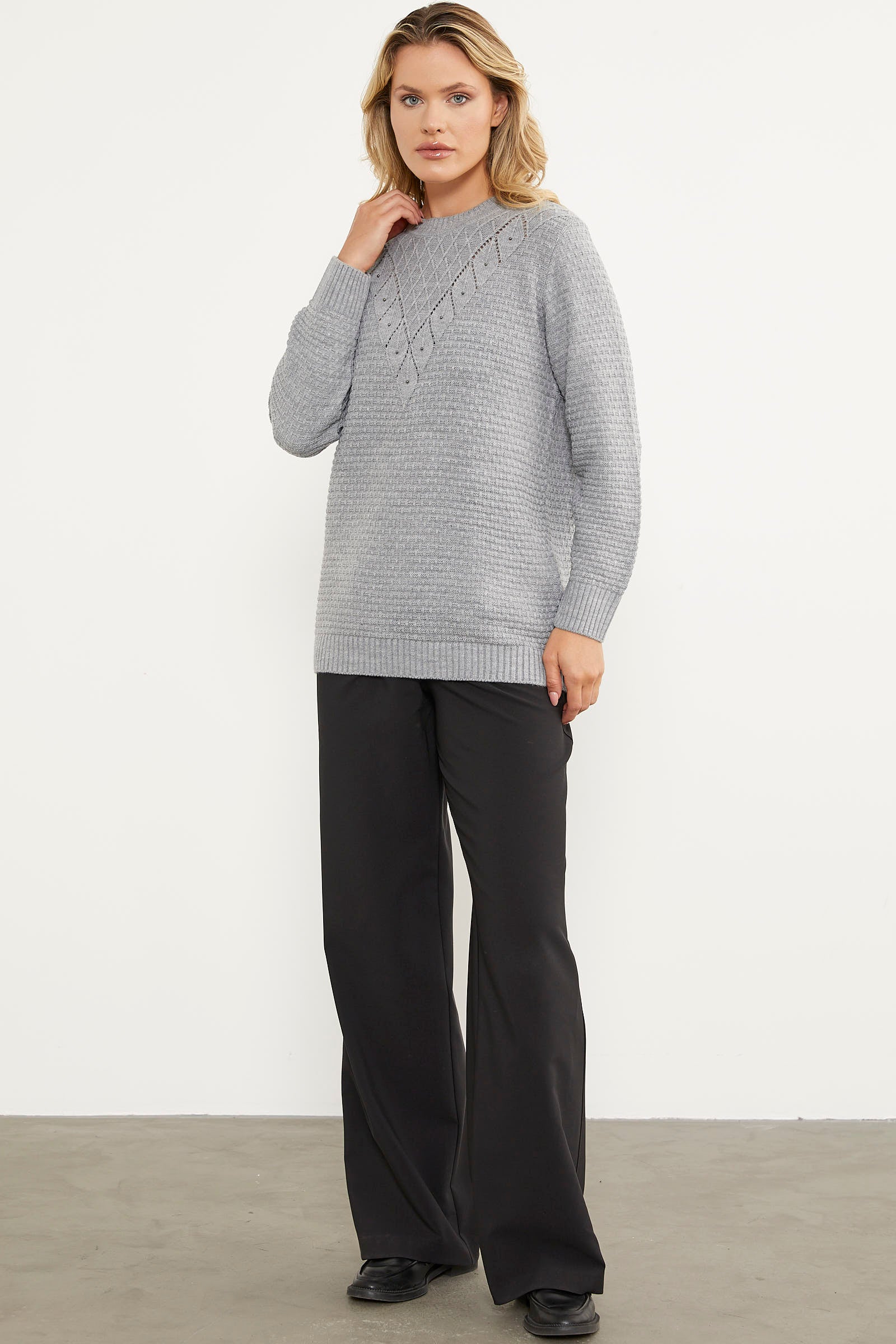 Yaprak Motif Petek Örgü Triko Kazak - Gri (5) Sementa