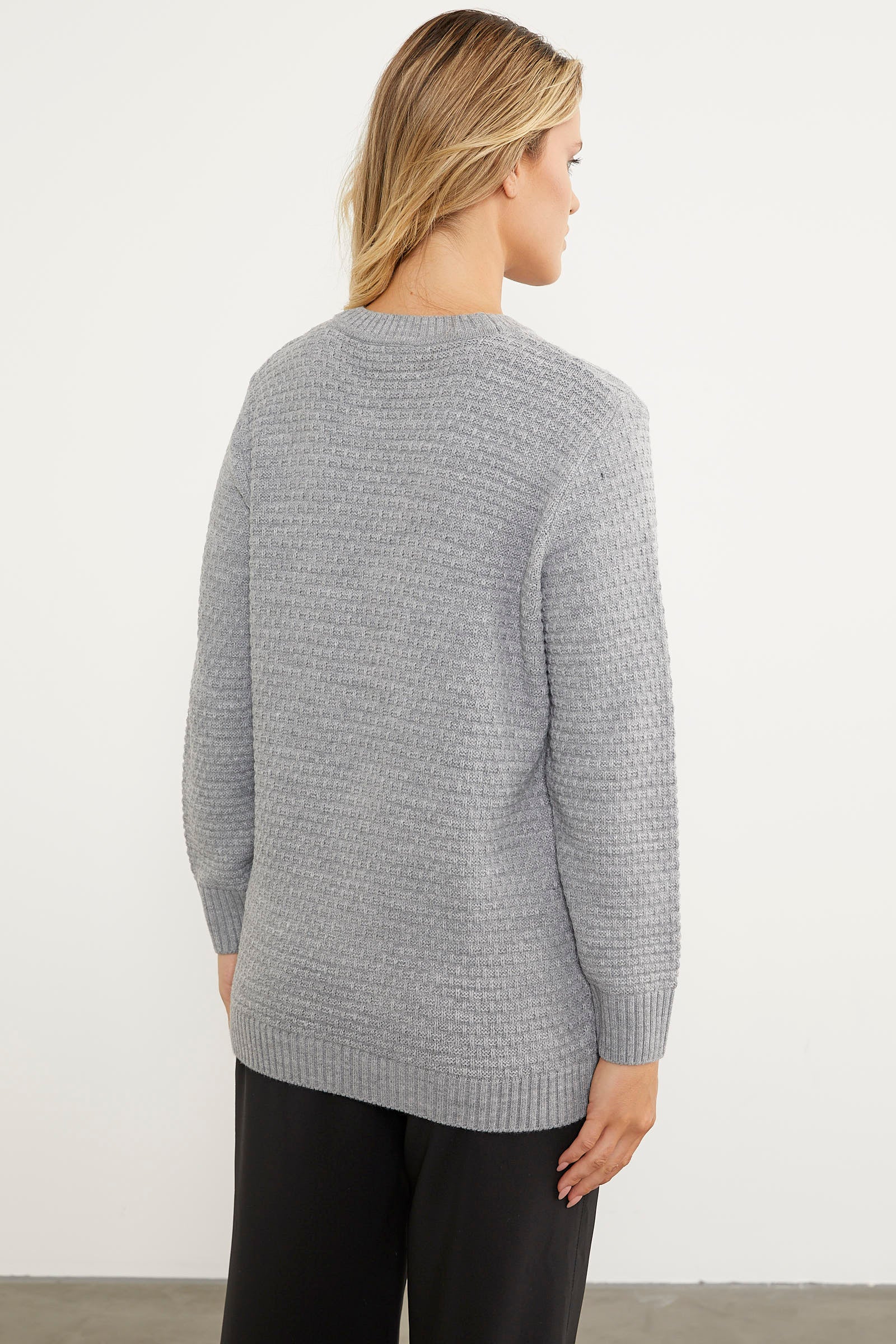 Yaprak Motif Petek Örgü Triko Kazak - Gri (6) Sementa