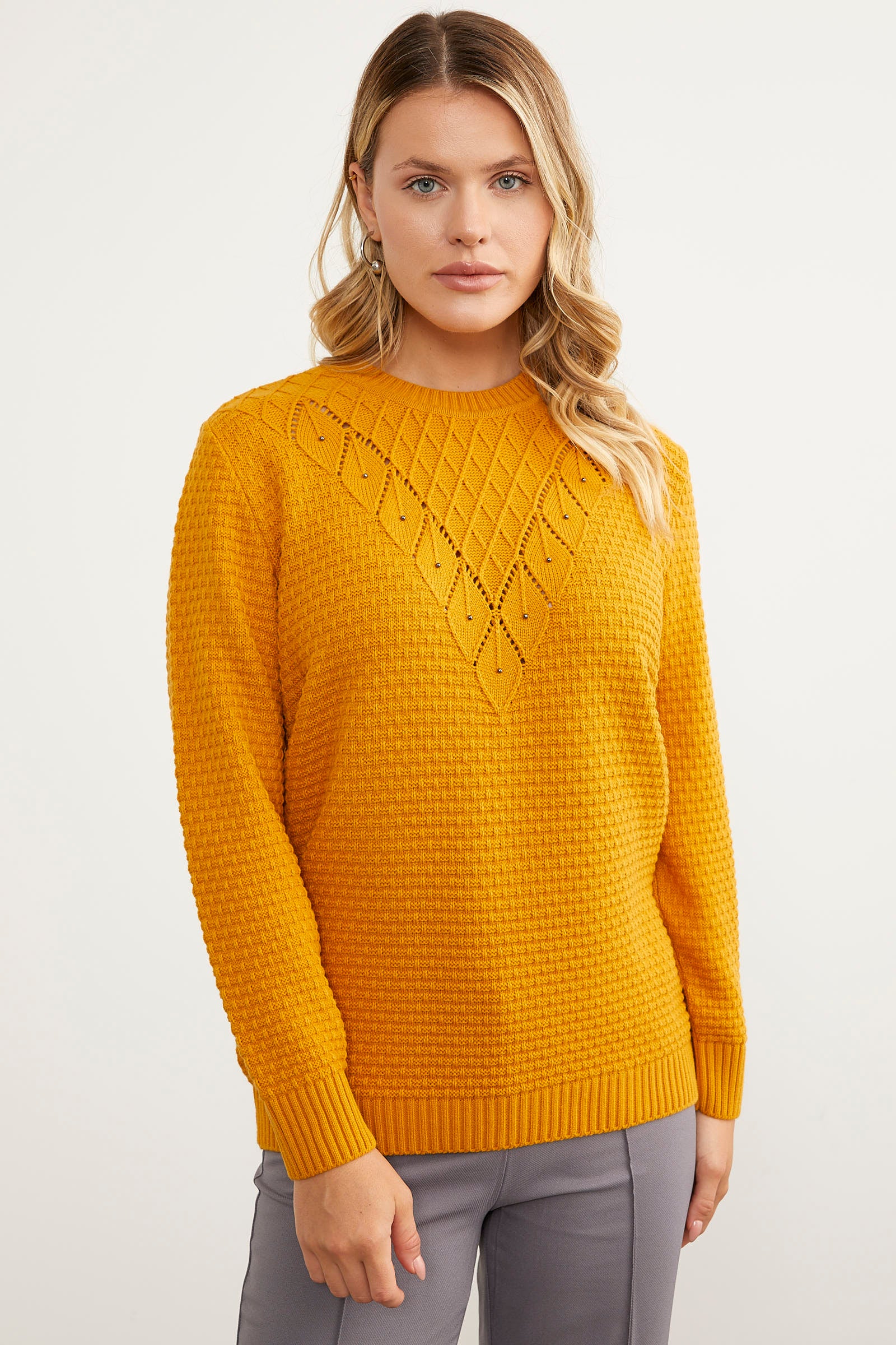 Yaprak Motif Petek Örgü Triko Kazak - Güneş (1) Sementa