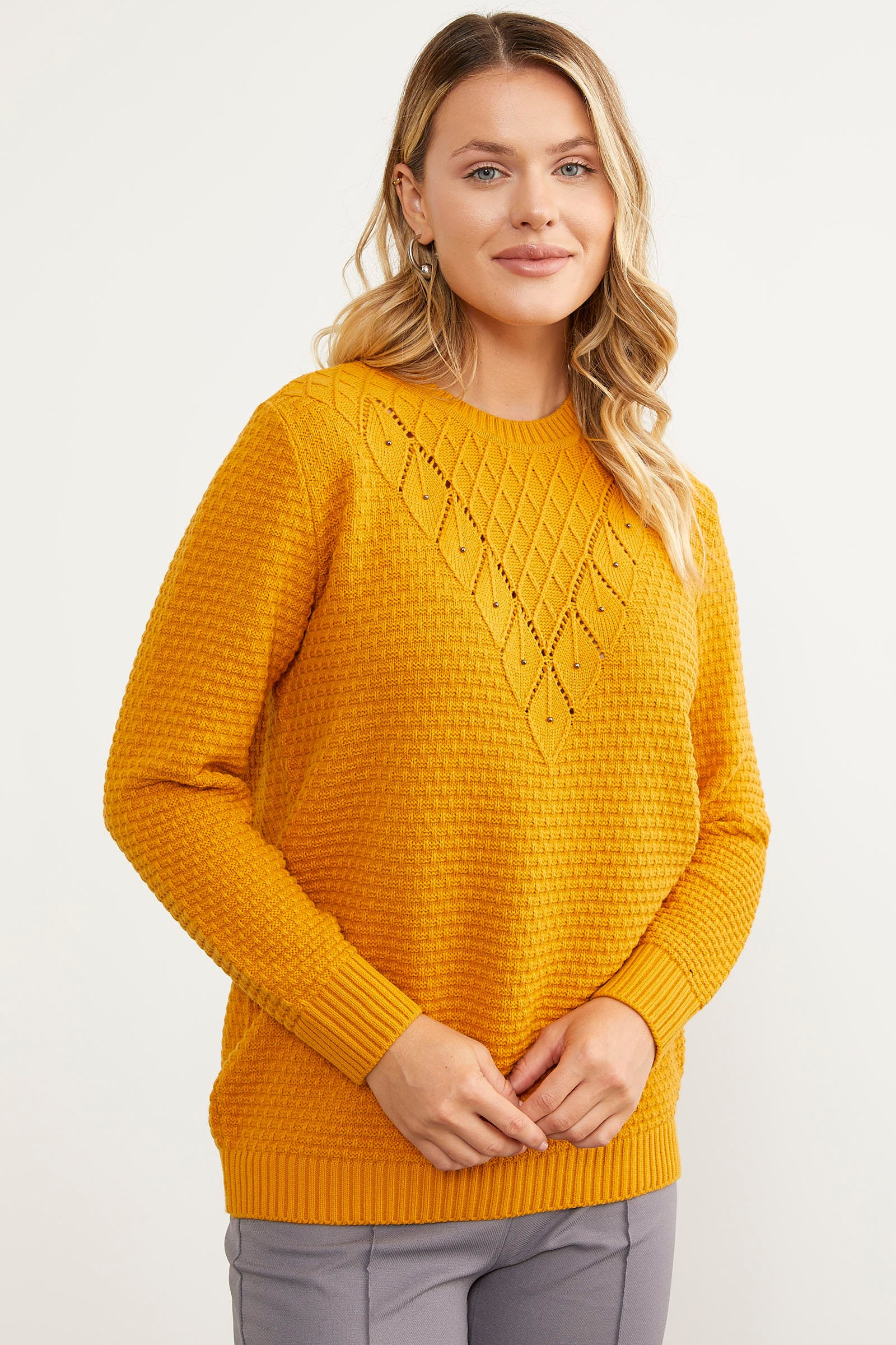 Yaprak Motif Petek Örgü Triko Kazak - Güneş (3) Sementa