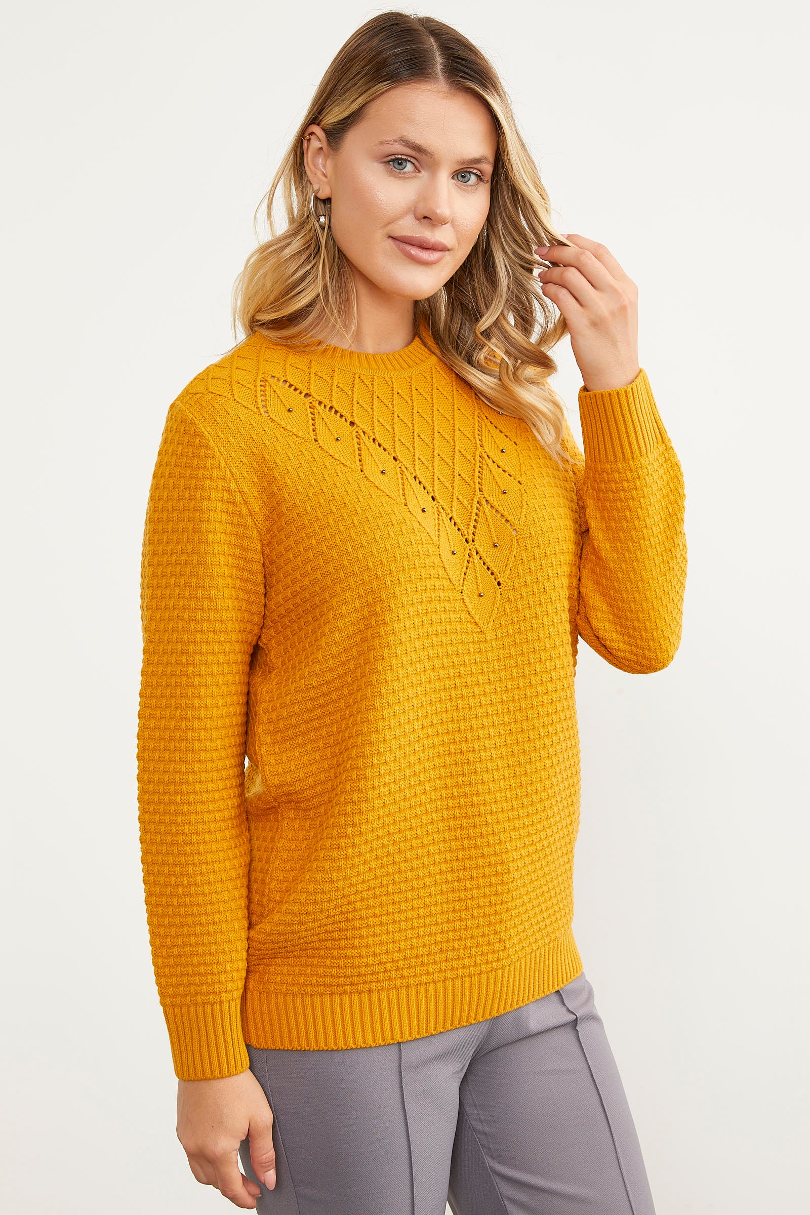 Yaprak Motif Petek Örgü Triko Kazak - Güneş (5) Sementa