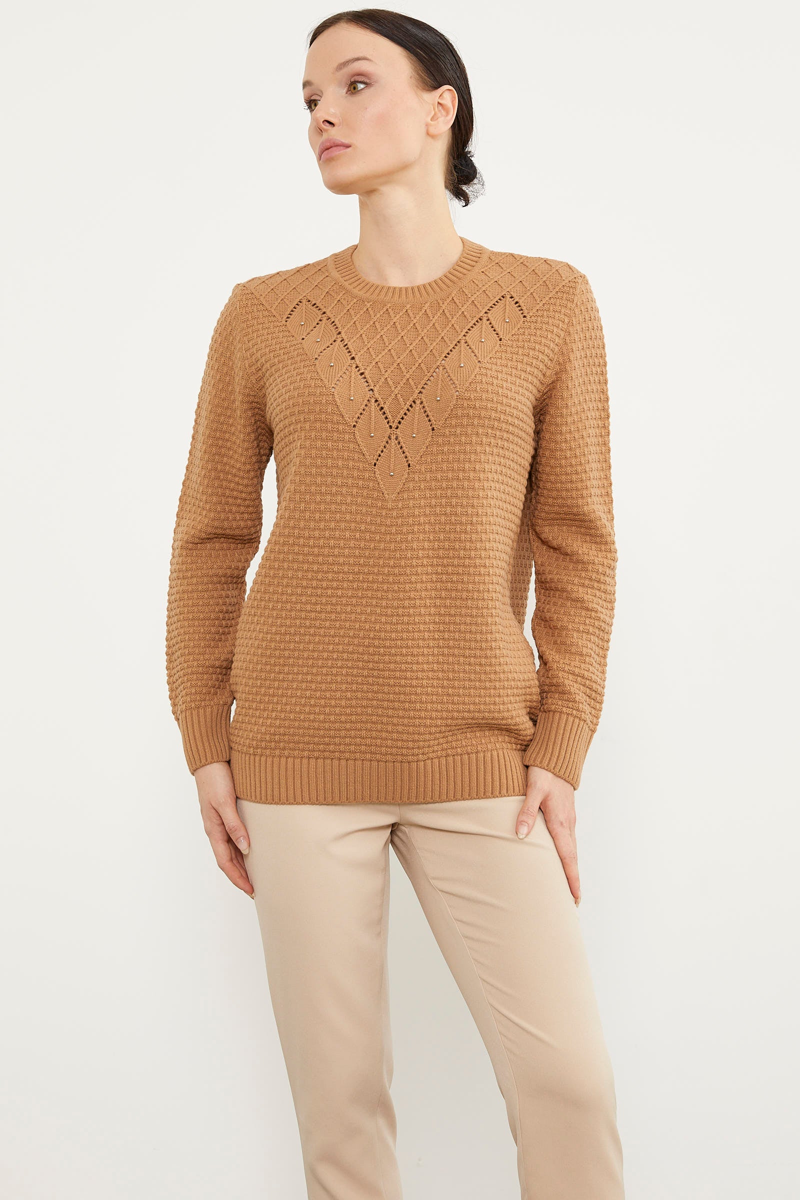 Yaprak Motif Petek Örgü Triko Kazak - Kamel (3) Sementa