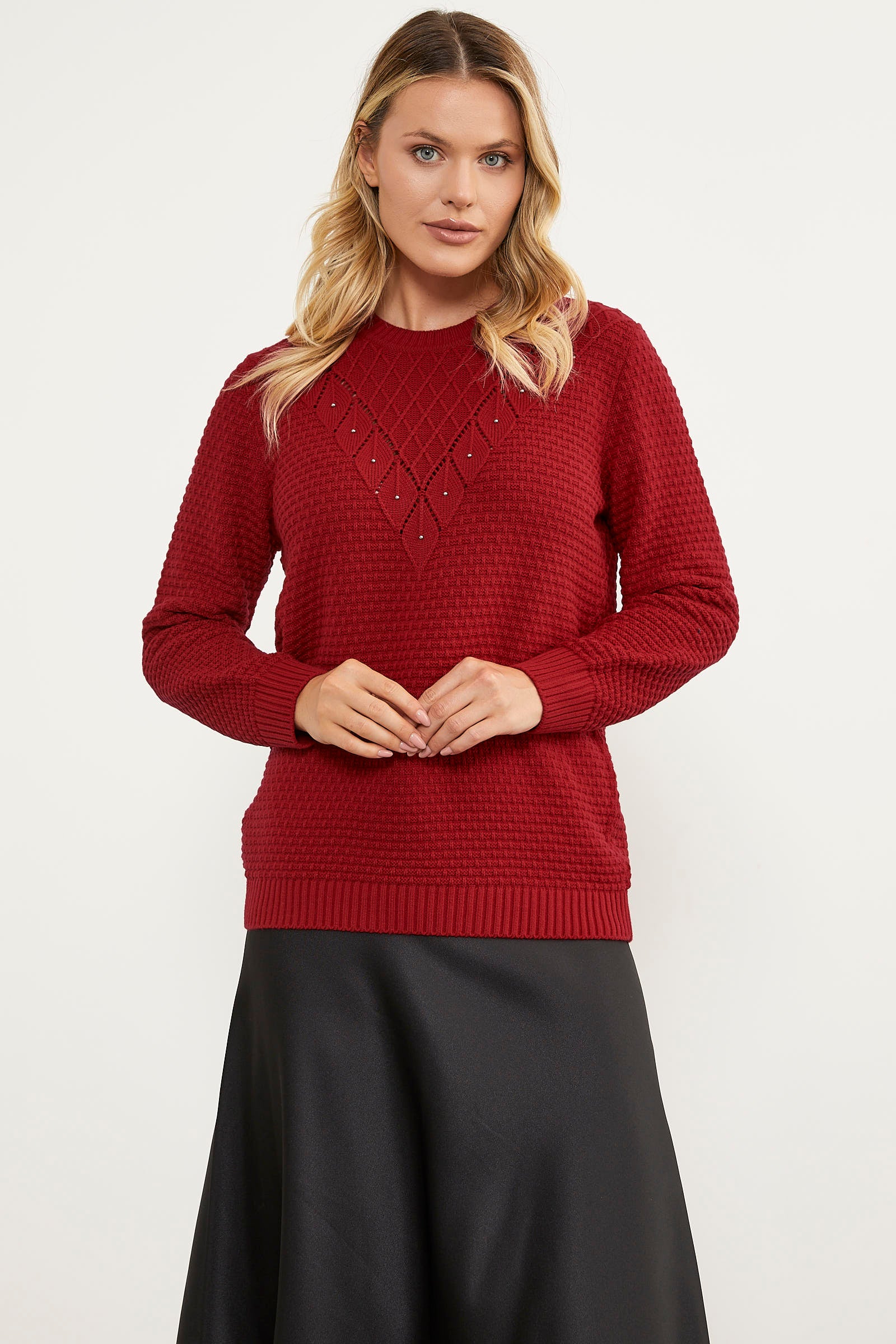 Yaprak Motif Petek Örgü Triko Kazak - Kırmızı (3) Sementa