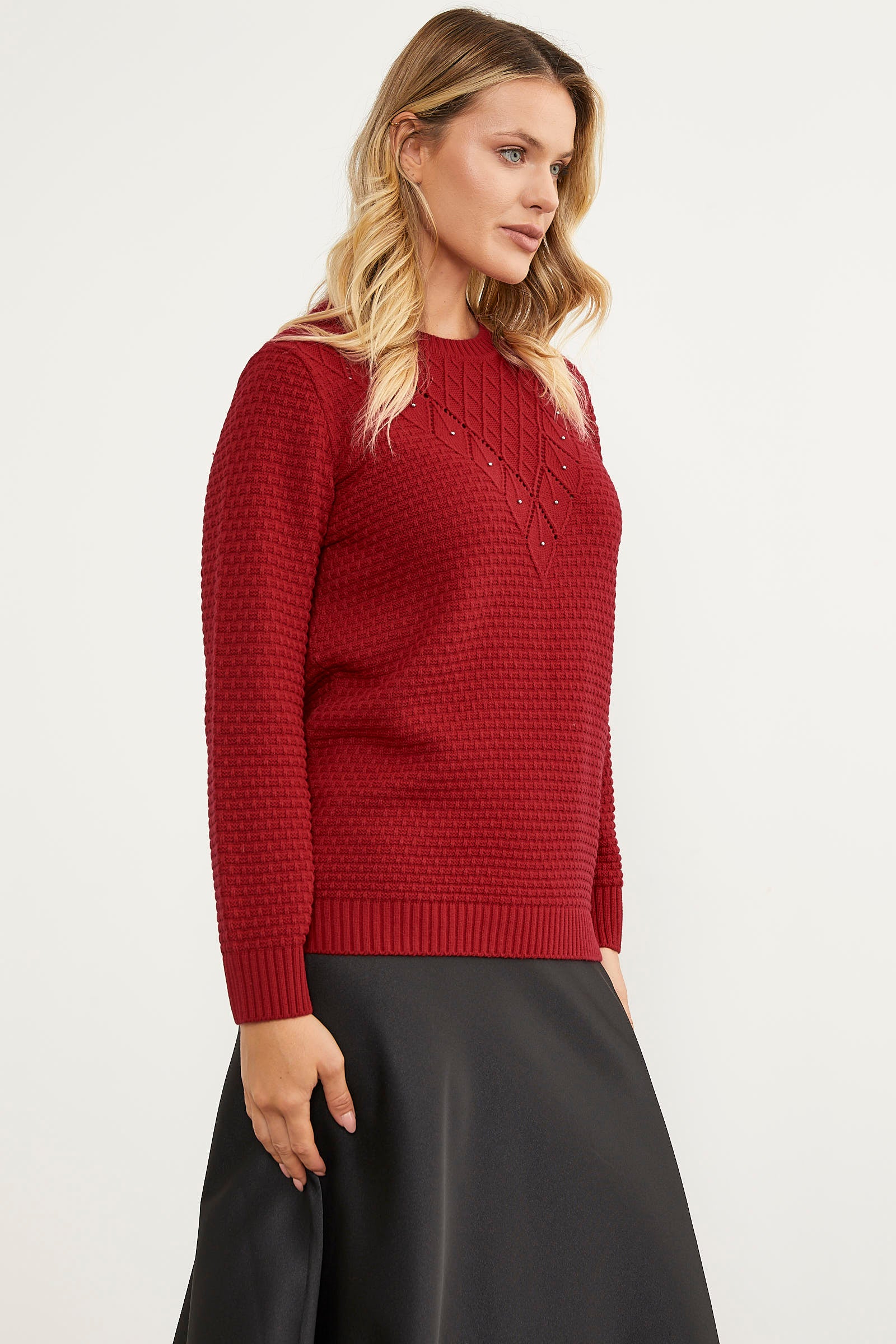 Yaprak Motif Petek Örgü Triko Kazak - Kırmızı (5) Sementa