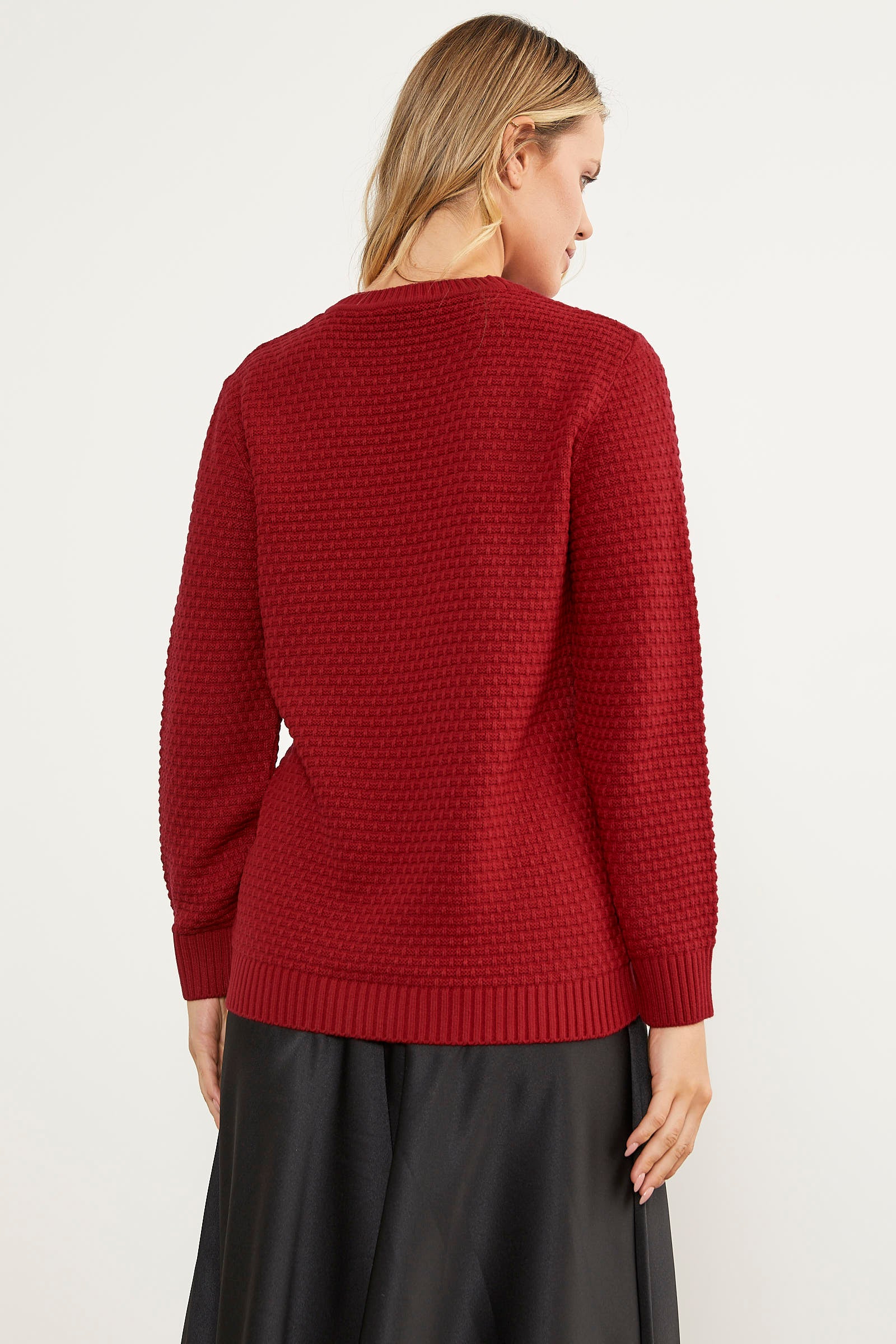 Yaprak Motif Petek Örgü Triko Kazak - Kırmızı (6) Sementa