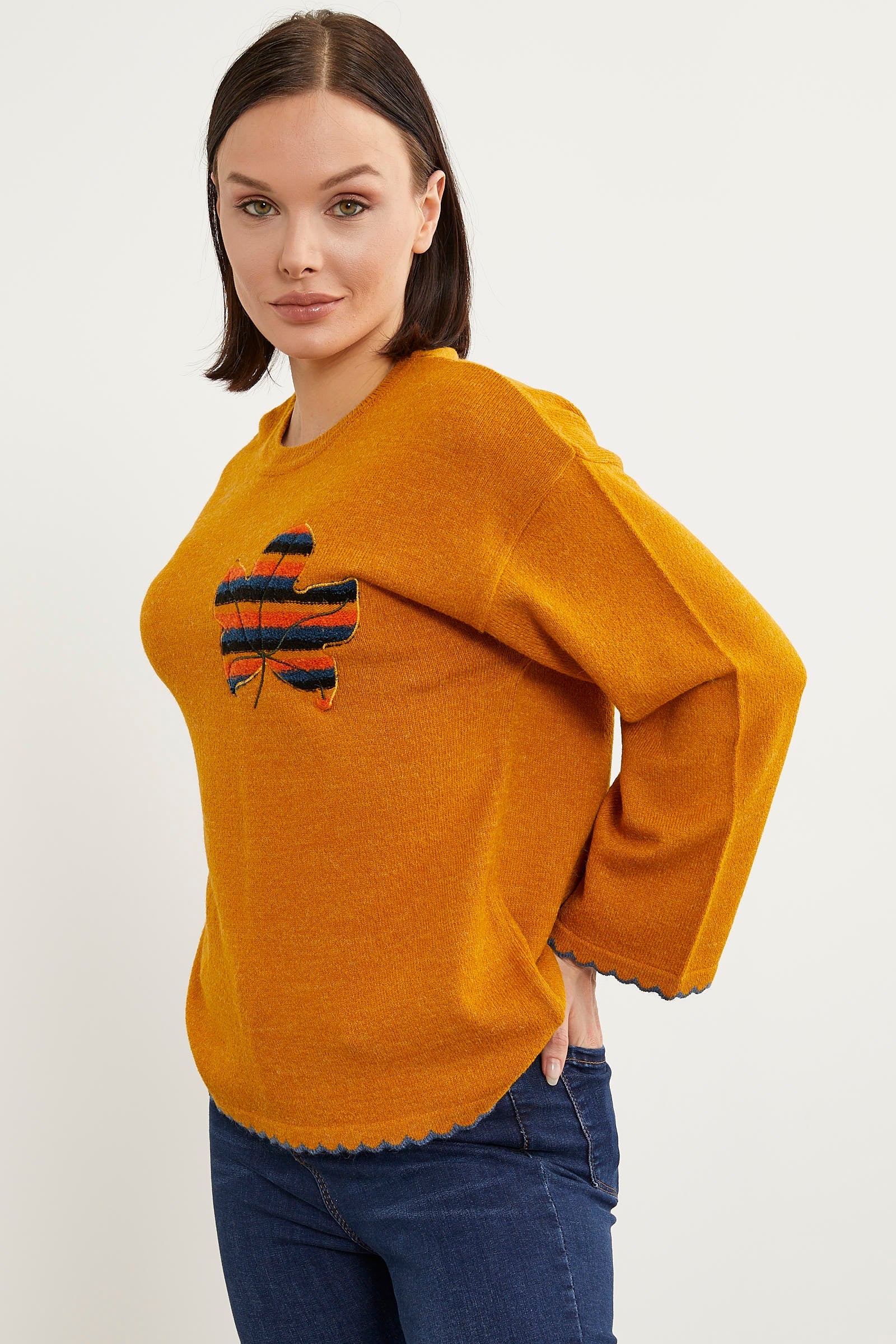 Yaprak Motifli Bohem Triko Kazak - Güneş (6) Sementa