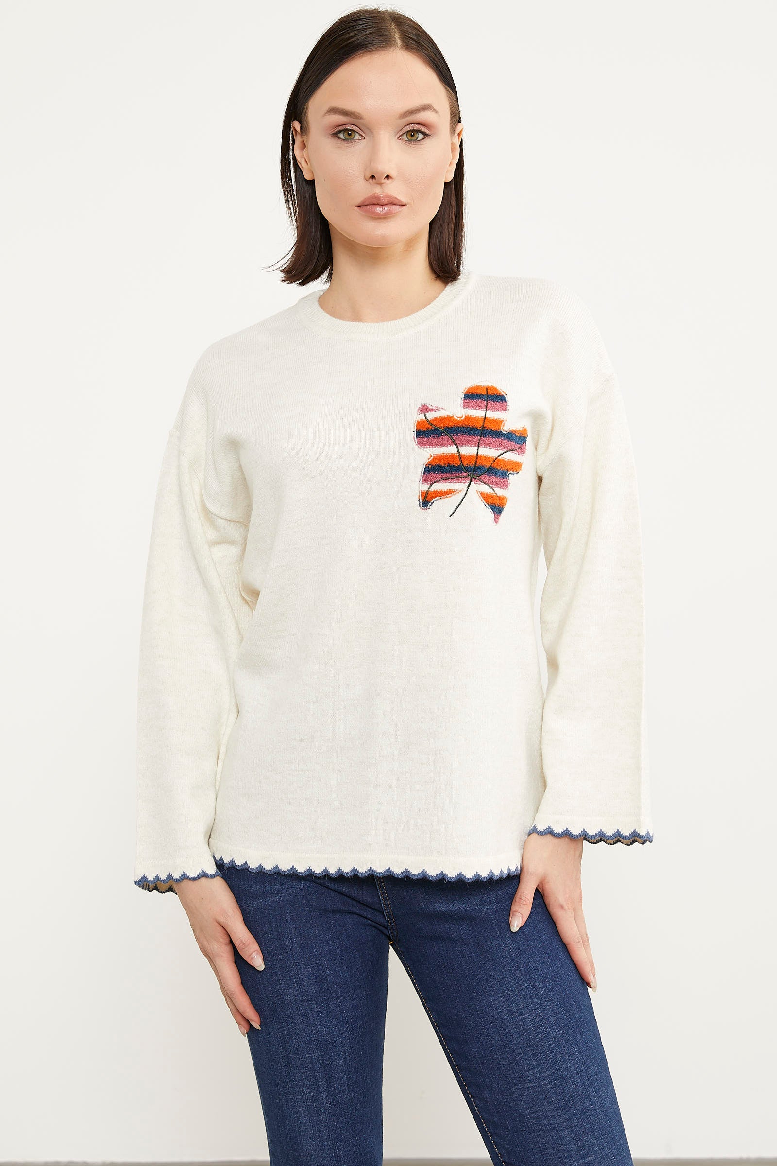 Yaprak Motifli Bohem Triko Kazak - Kemik (1) Sementa